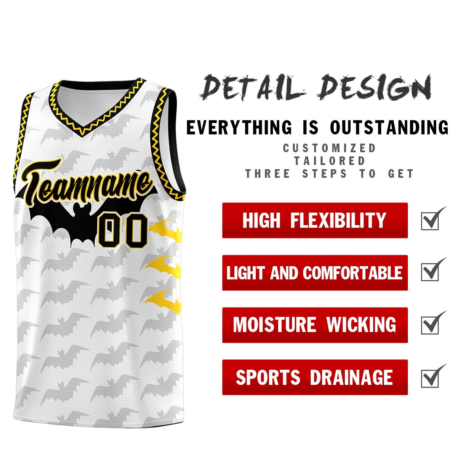 Custom White Gold Black Bat Pattern Halloween Basketball Jersey | For Men,For Kid,For Youth,Sublimation Printed,Perfect for Training,Perfect for Parties,Add Name and Numbern | KXKSHOP
