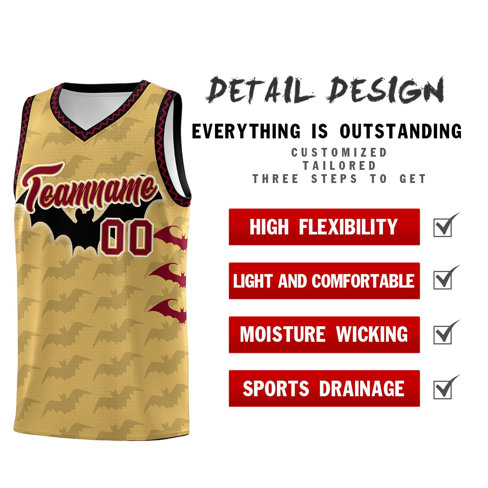 Custom Old Gold Crimson Bat Pattern Halloween Basketball Jersey | For Men,For Kid,For Youth,Sublimation Printed,Perfect for Training,Perfect for Parties,Add Name and Numbern | KXKSHOP