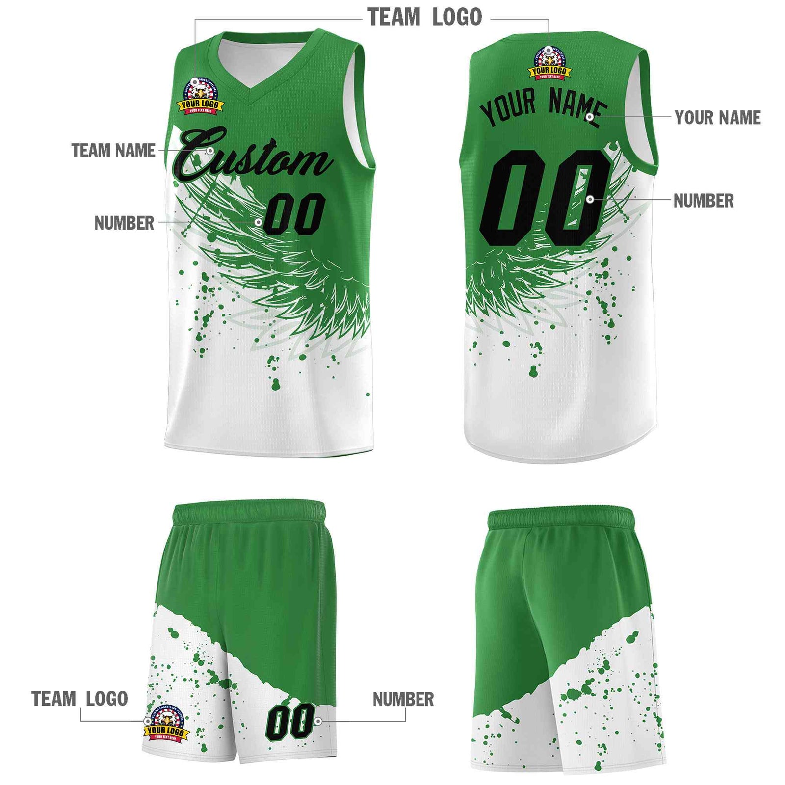 Custom White Kelly Green Wing Pattern Sports Uniform Basketball Jersey