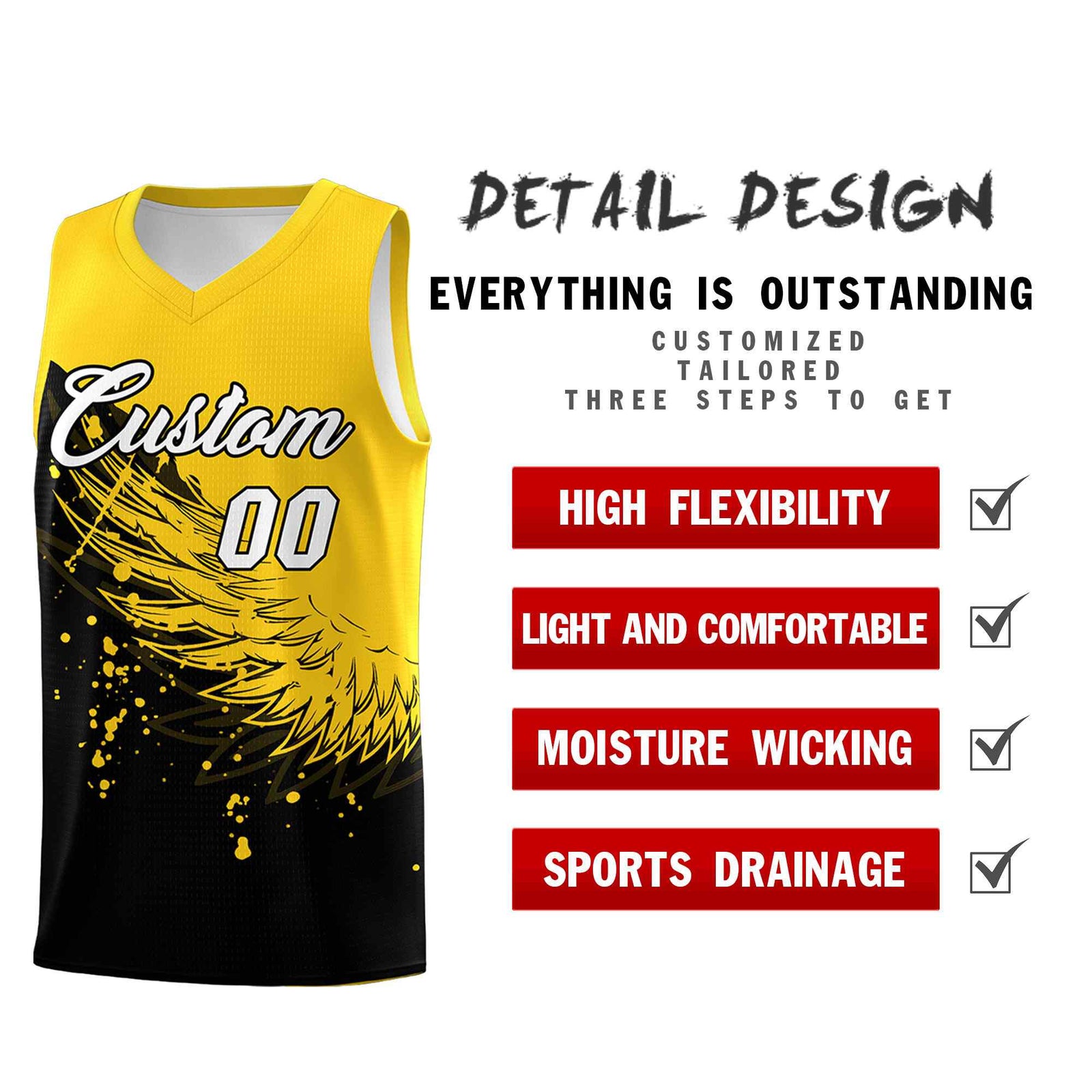 Custom Black Gold Wing Pattern Sports Uniform Basketball Jersey| KXKSHOP