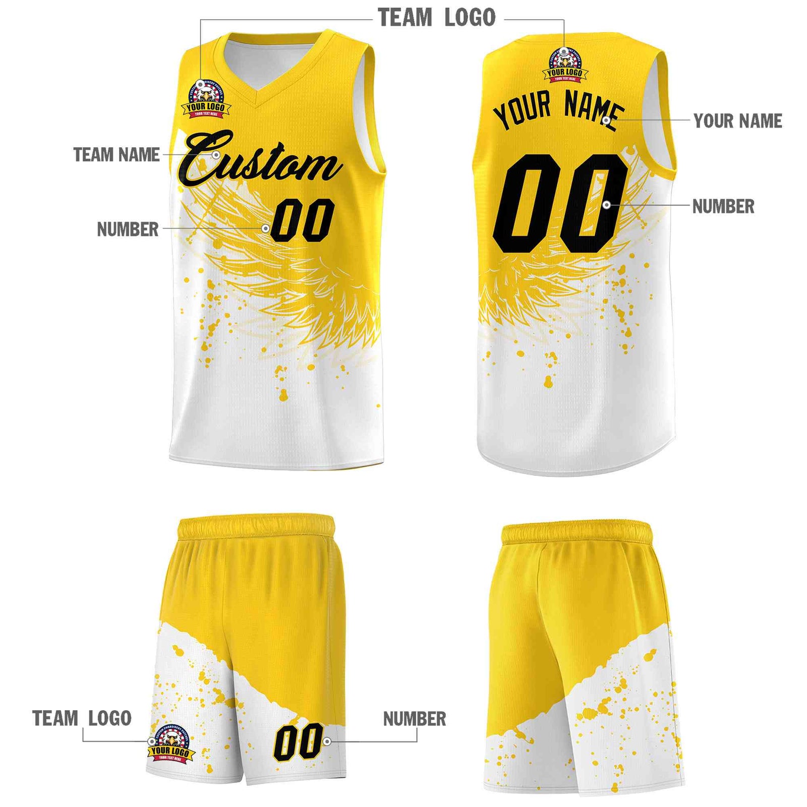 Custom White Gold Wing Pattern Sports Uniform Basketball Jersey