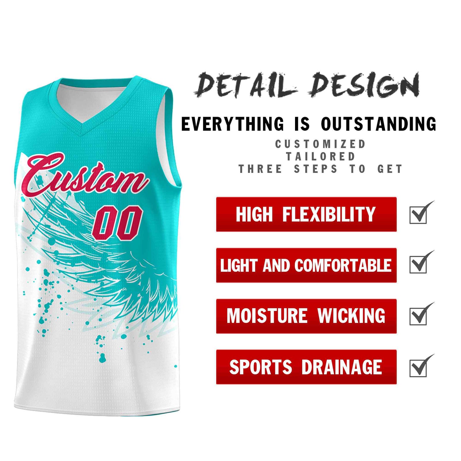 Custom White Aqua Wing Pattern Sports Uniform Basketball Jersey| KXKSHOP