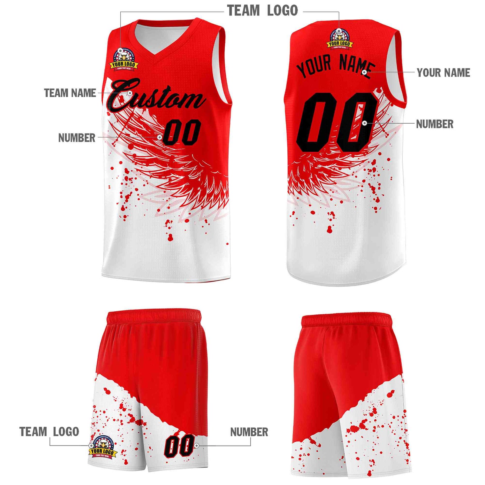 Custom White Light Red Wing Pattern Sports Uniform Basketball Jersey