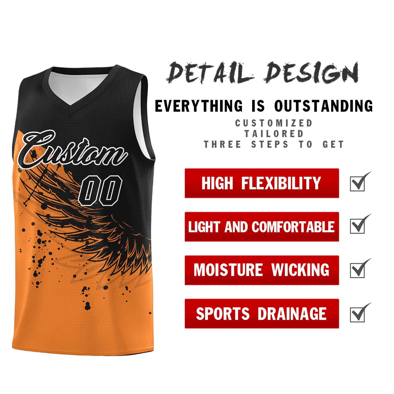 Custom Gold Orange Black Wing Pattern Sports Uniform Basketball Jersey| KXKSHOP