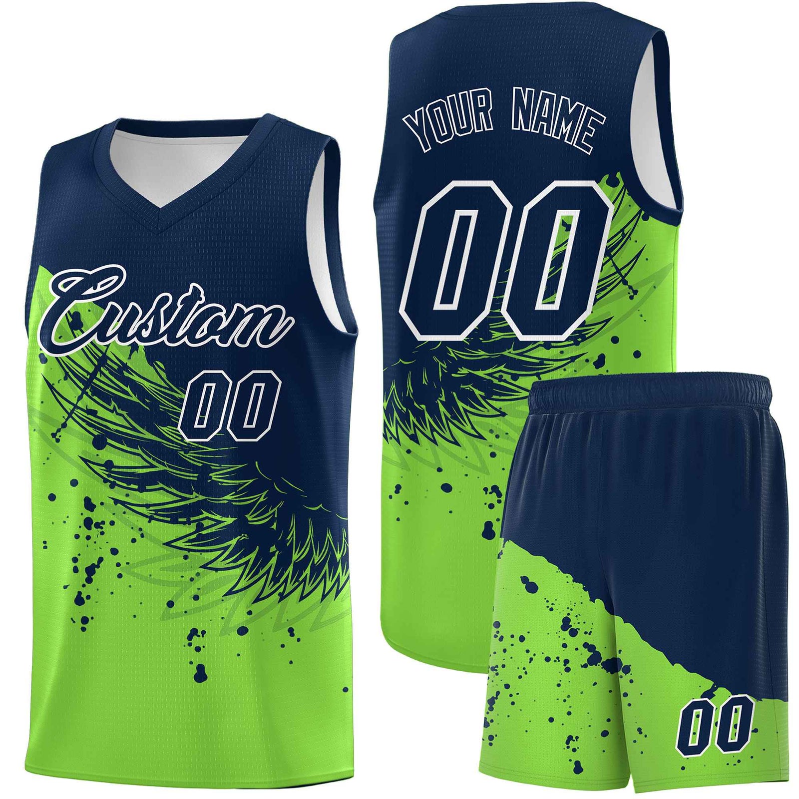 Custom Fluorescent Green Navy Wing Pattern Sports Uniform Basketball Jersey| KXKSHOP