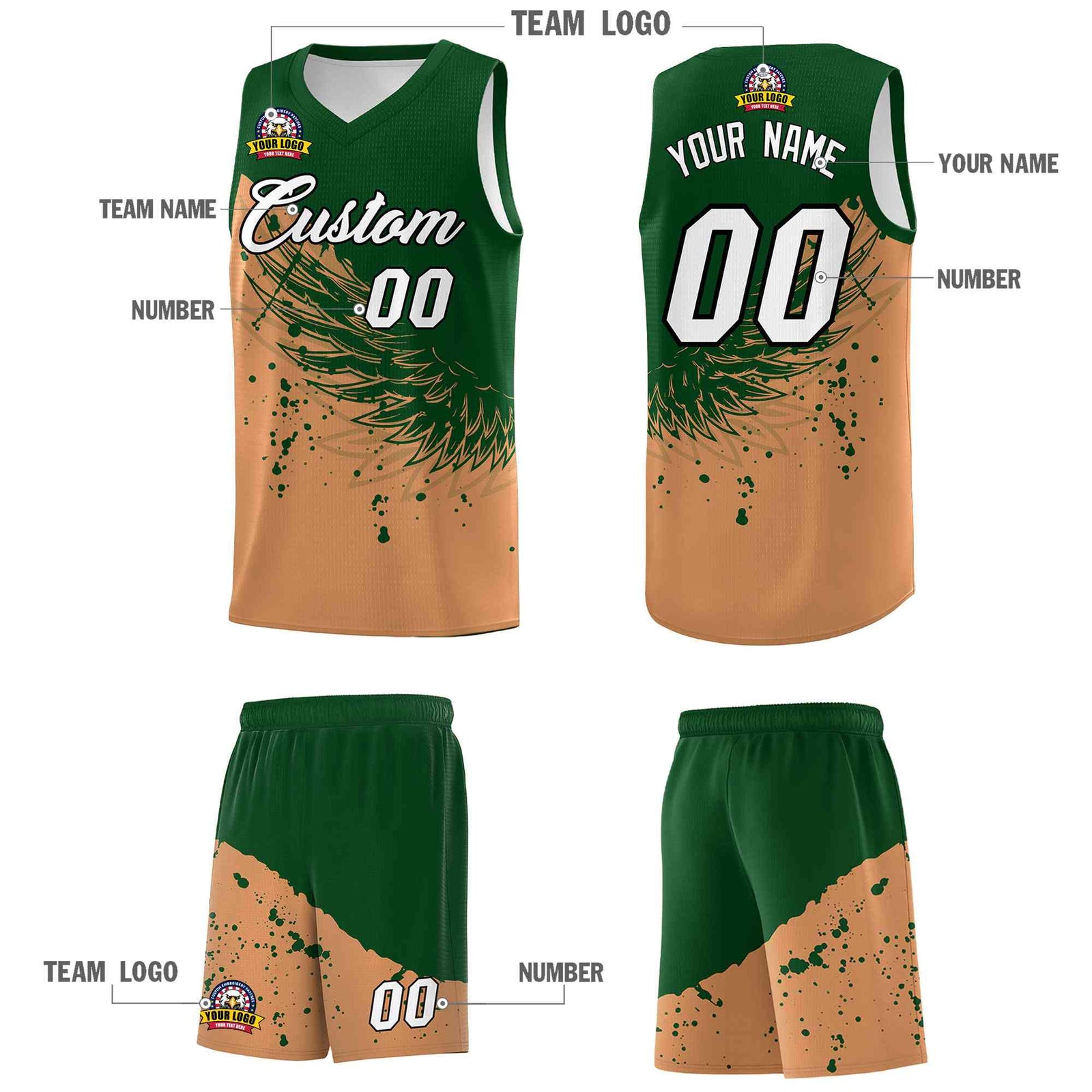 Custom Buckskin Brown Green Wing Pattern Sports Uniform Basketball Jersey