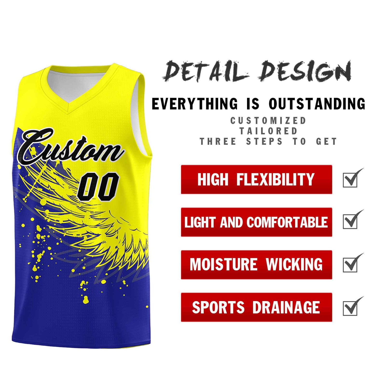 Custom Royal Fluorescent Yellow Wing Pattern Sports Uniform Basketball Jersey| KXKSHOP