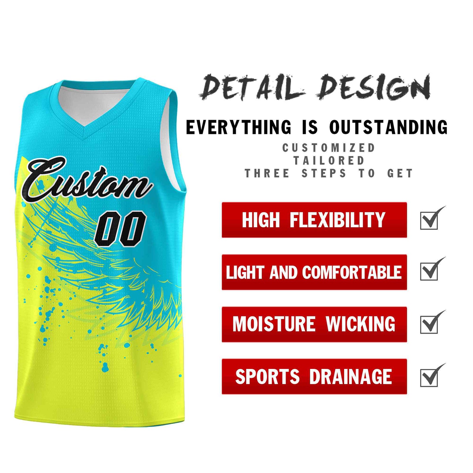 Custom Fluorescent Green Sky Blue Wing Pattern Sports Uniform Basketball Jersey| KXKSHOP