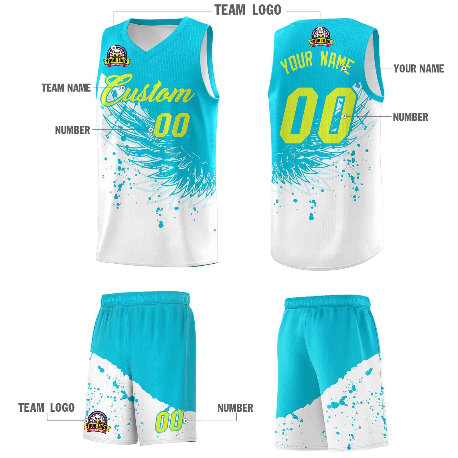 Custom White Sky Blue Wing Pattern Sports Uniform Basketball Jersey