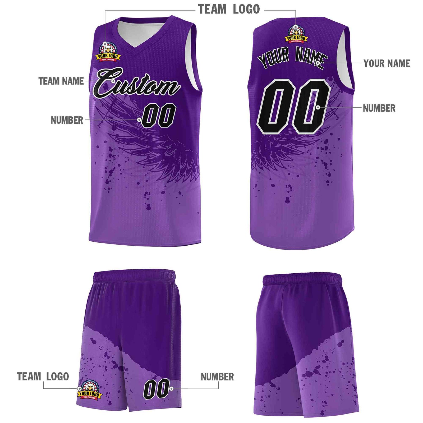 Custom Light Purple Purple Wing Pattern Sports Uniform Basketball Jersey