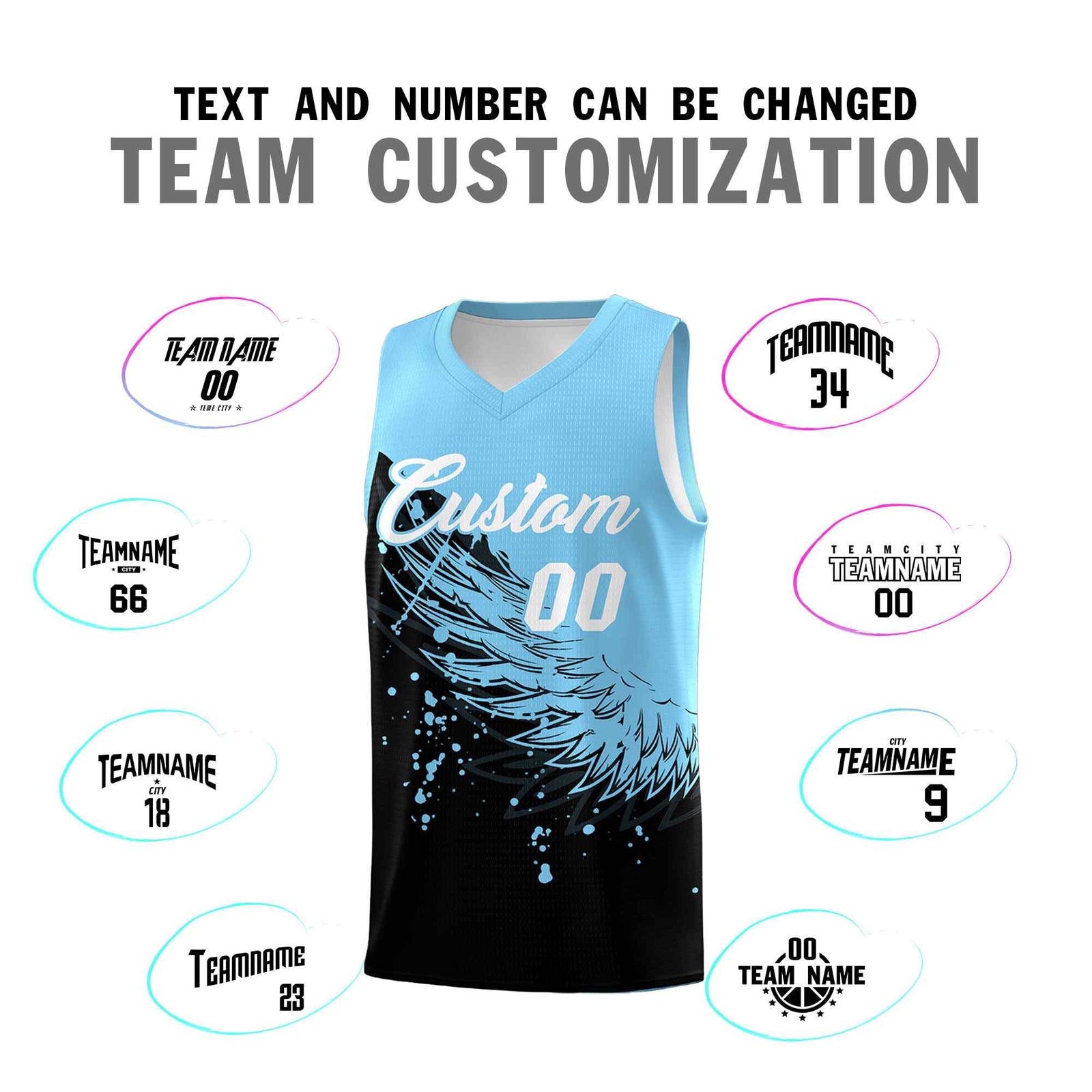 Custom Black Light Blue Wing Pattern Sports Uniform Basketball Jersey| KXKSHOP