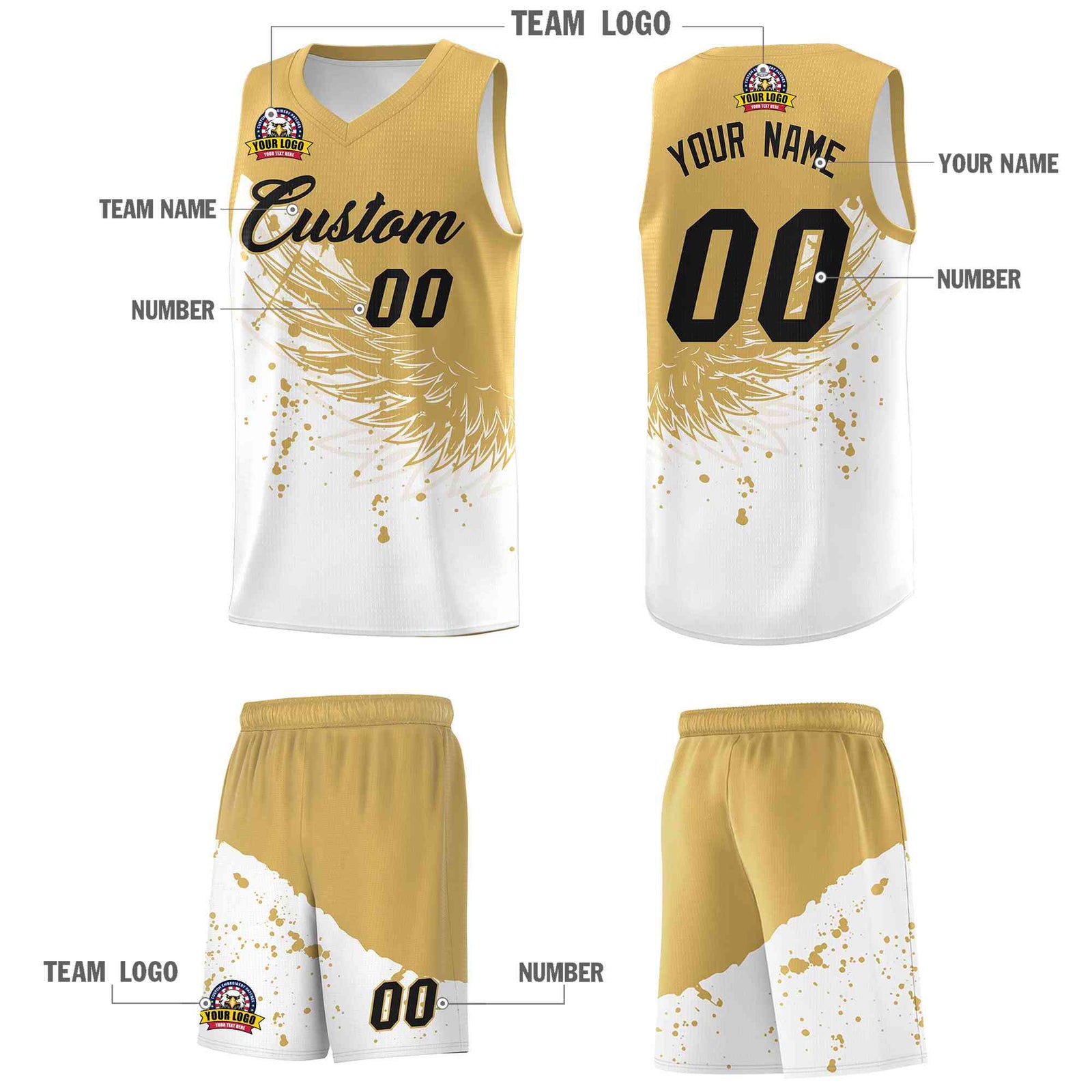 Custom White Old Gold Wing Pattern Sports Uniform Basketball Jersey