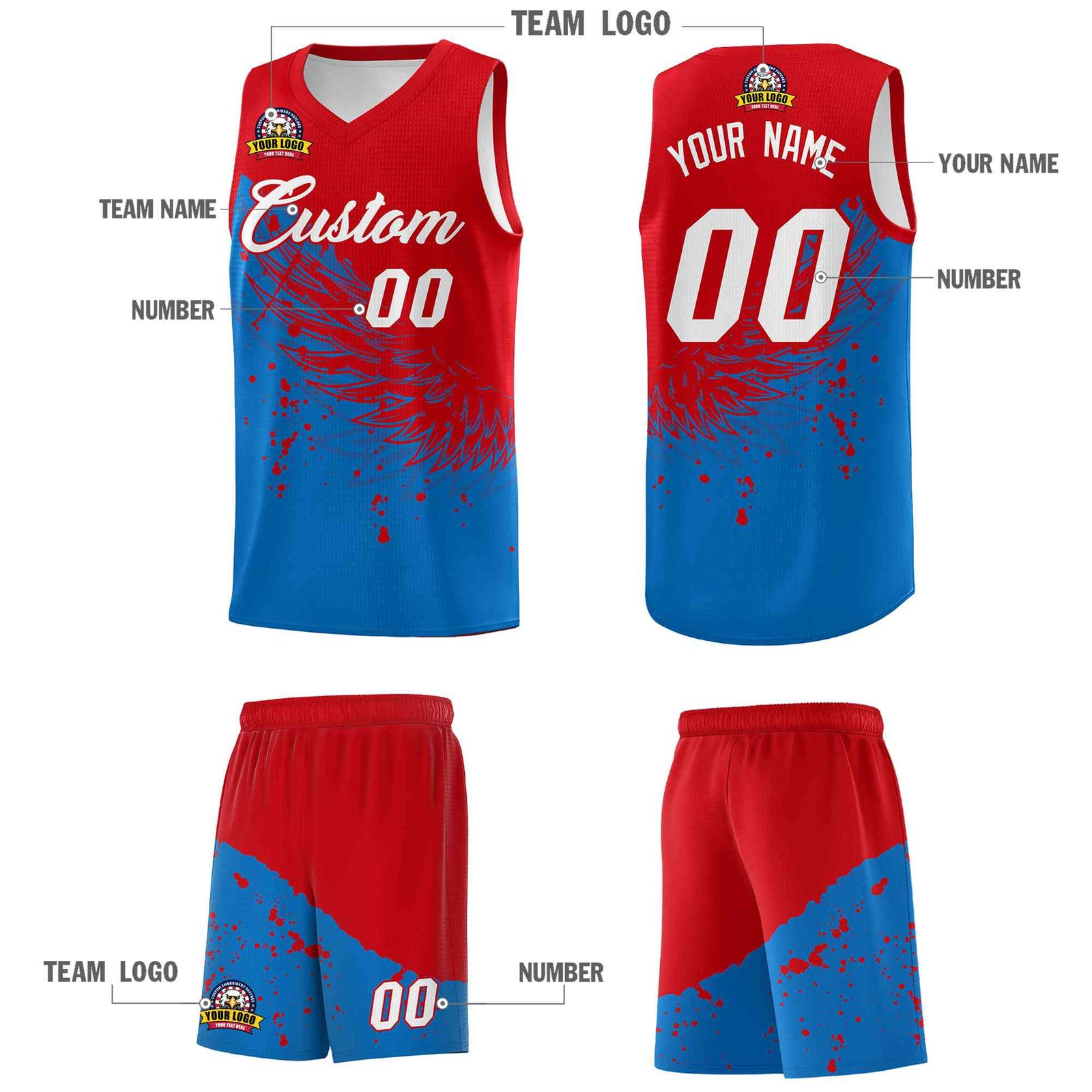 Custom Royal Red Wing Pattern Sports Uniform Basketball Jersey
