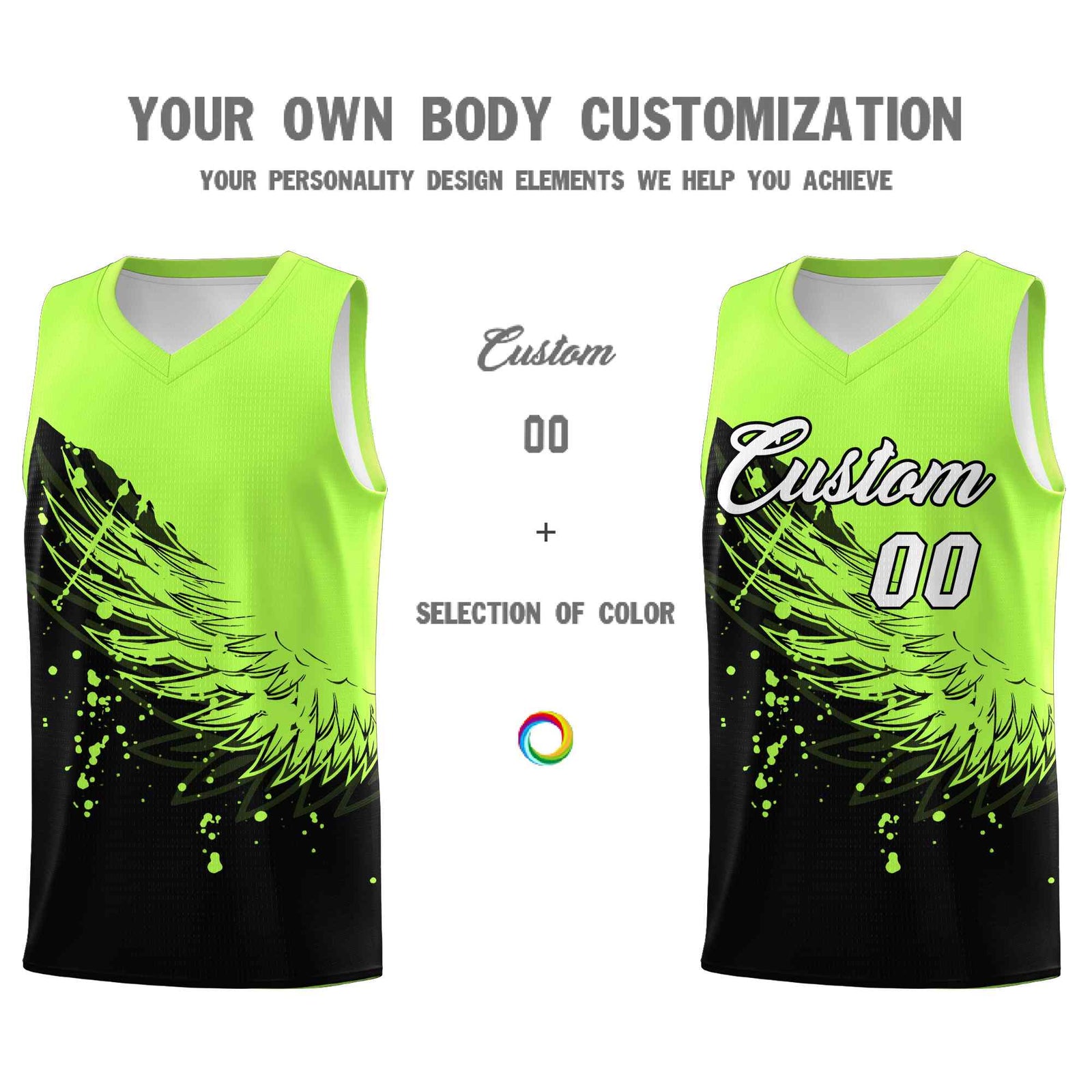 Custom Black Fluorescent Green Wing Pattern Sports Uniform Basketball Jersey| KXKSHOP