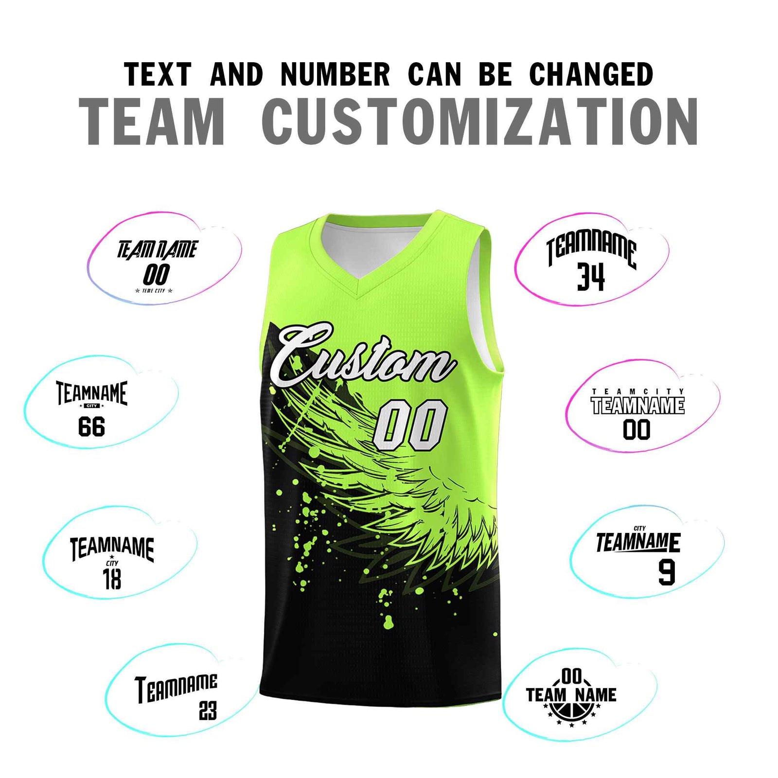 Custom Black Fluorescent Green Wing Pattern Sports Uniform Basketball Jersey| KXKSHOP
