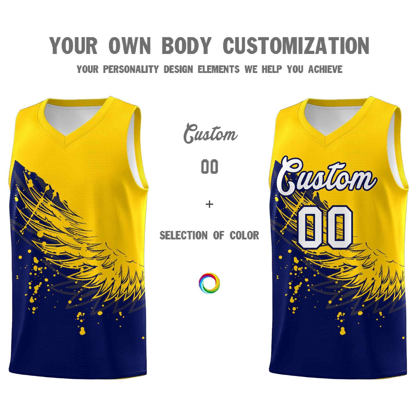 Custom Navy Gold Wing Pattern Sports Uniform Basketball Jersey