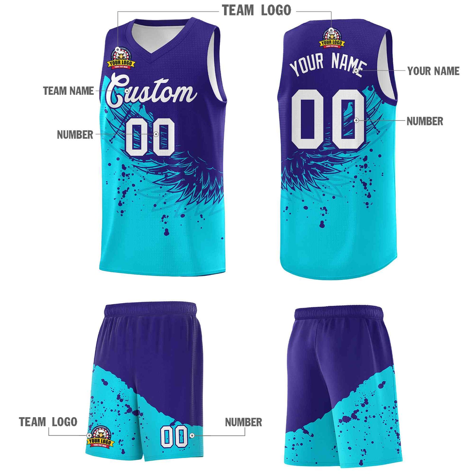 Custom Sky Blue Royal Wing Pattern Sports Uniform Basketball Jersey