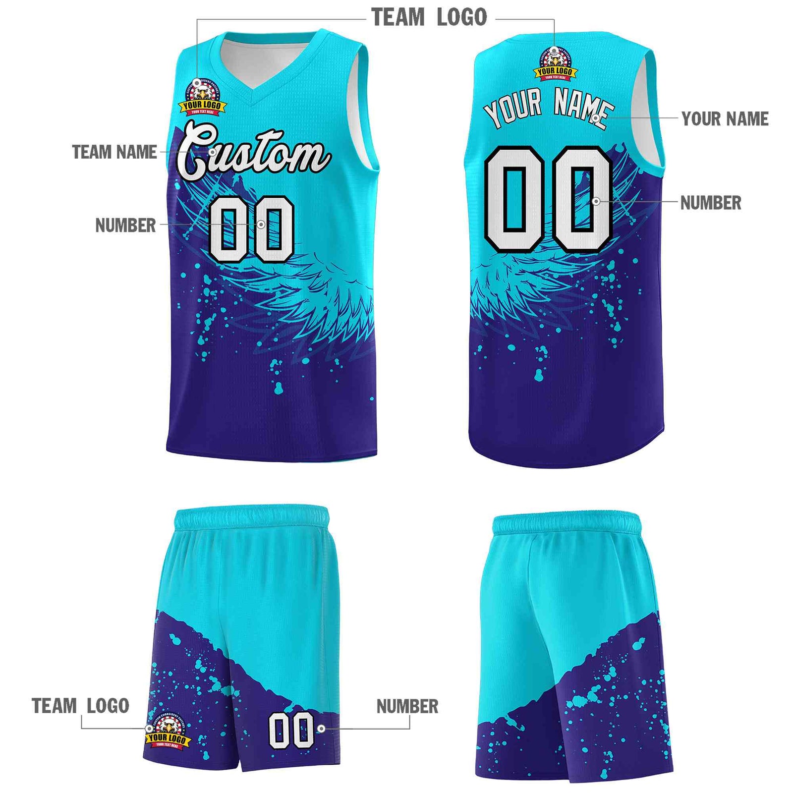 Custom Royal Sky Blue Wing Pattern Sports Uniform Basketball Jersey