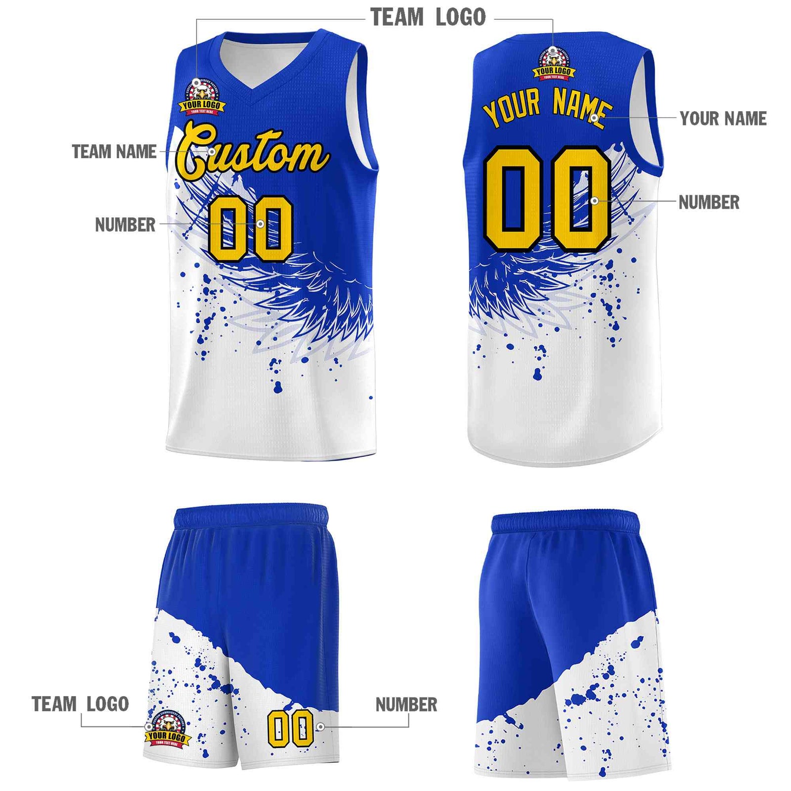 Custom White Royal Wing Pattern Sports Uniform Basketball Jersey