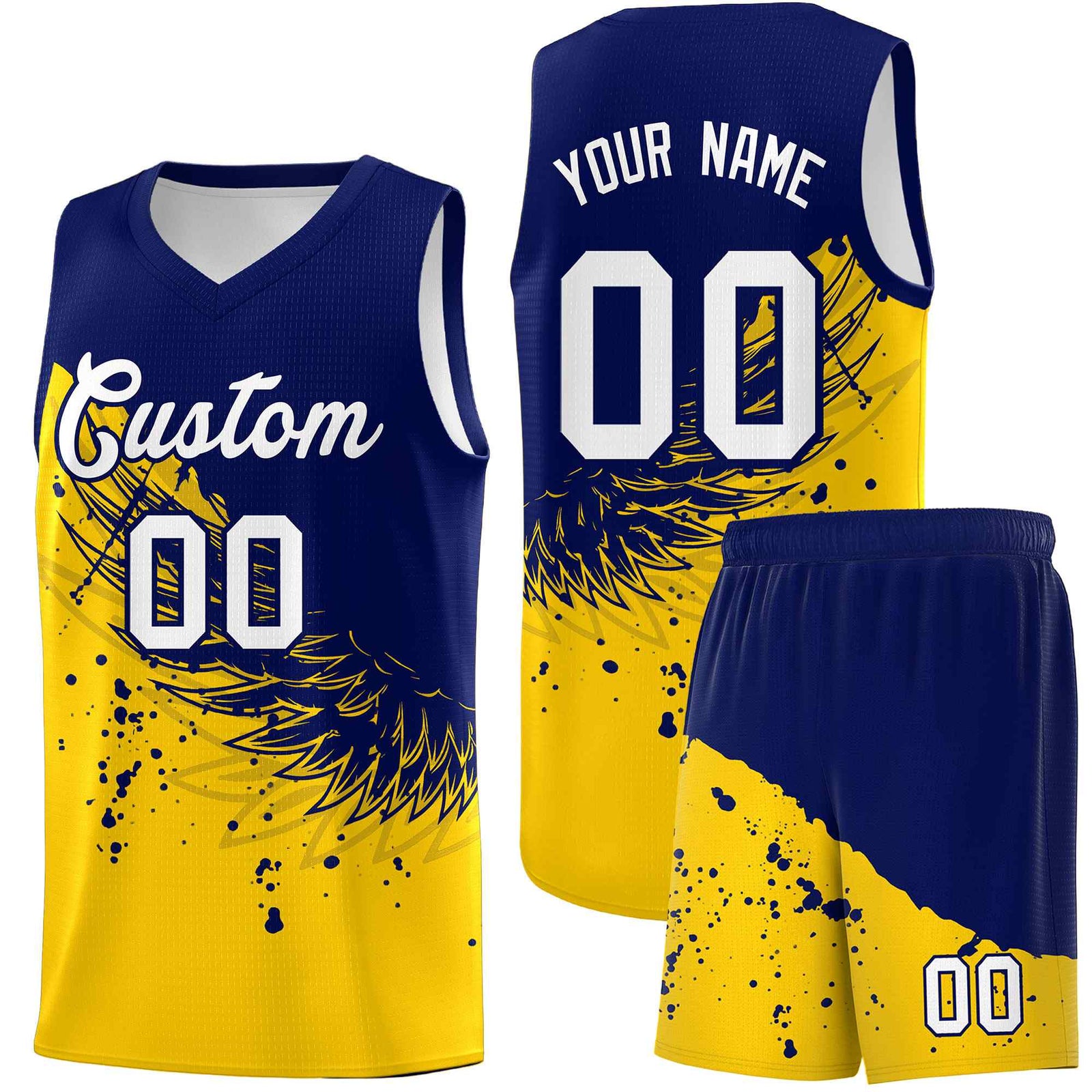 Custom Gold Navy Wing Pattern Sports Uniform Basketball Jersey