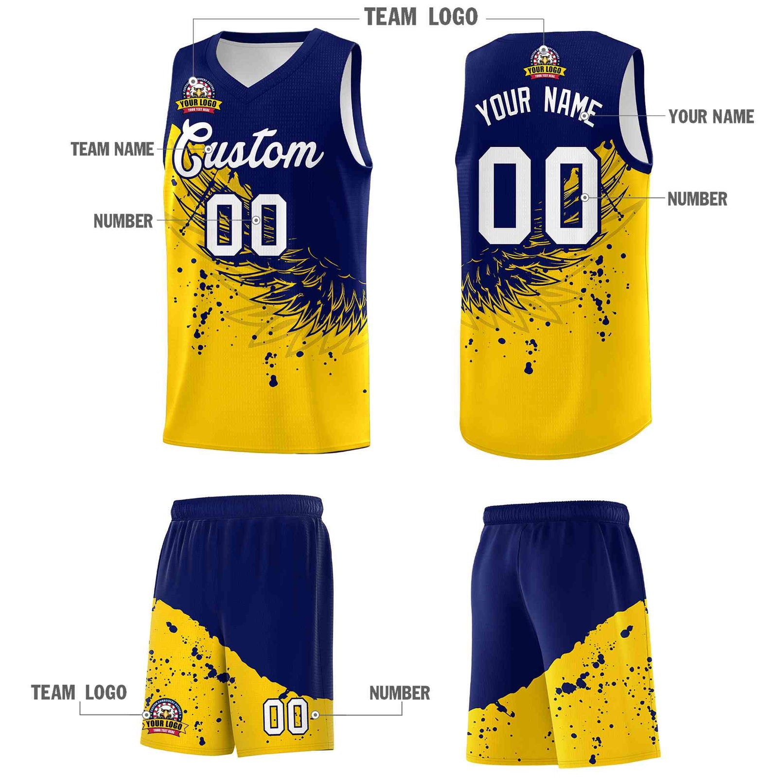 Custom Gold Navy Wing Pattern Sports Uniform Basketball Jersey
