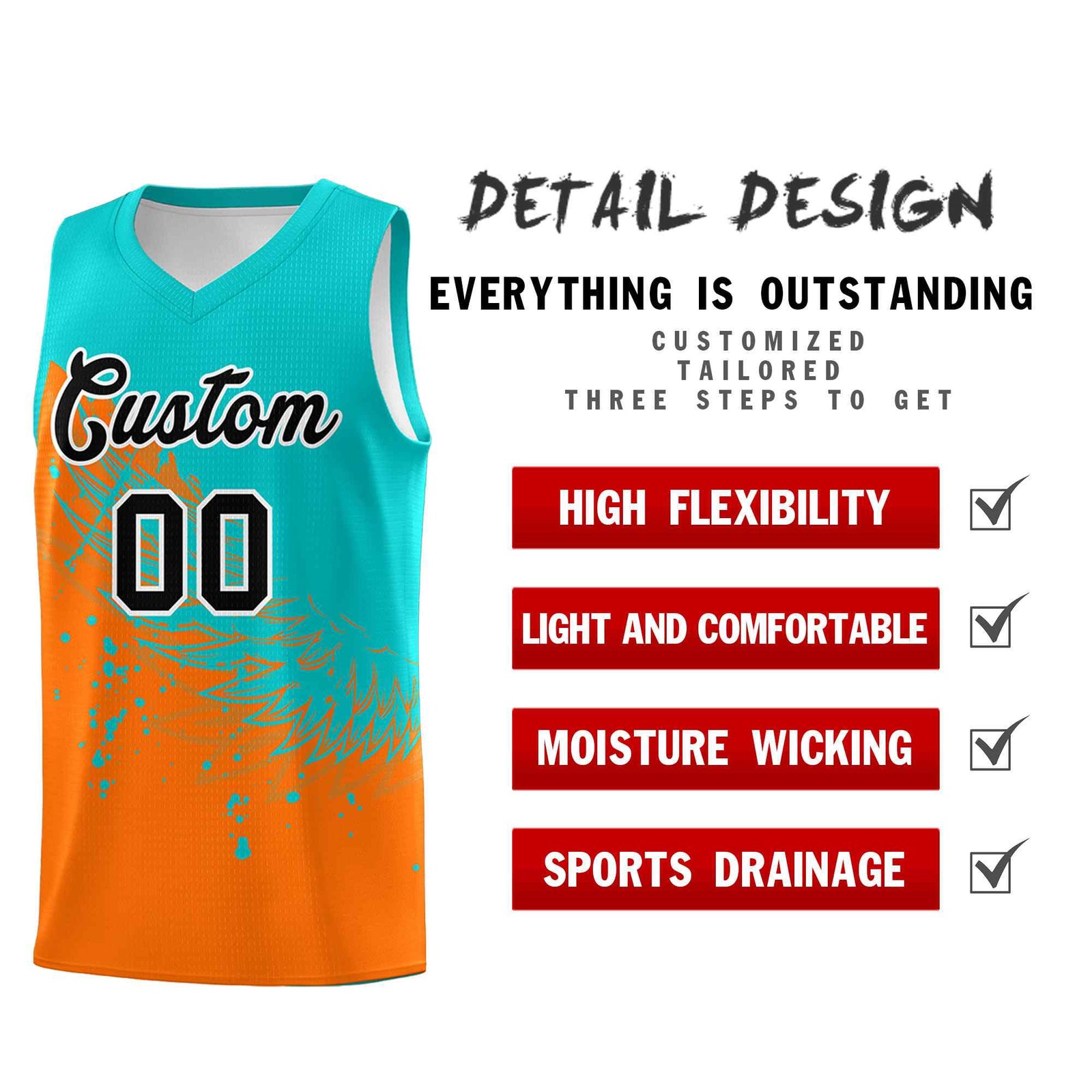Custom Orange Aqua Wing Pattern Sports Uniform Basketball Jersey