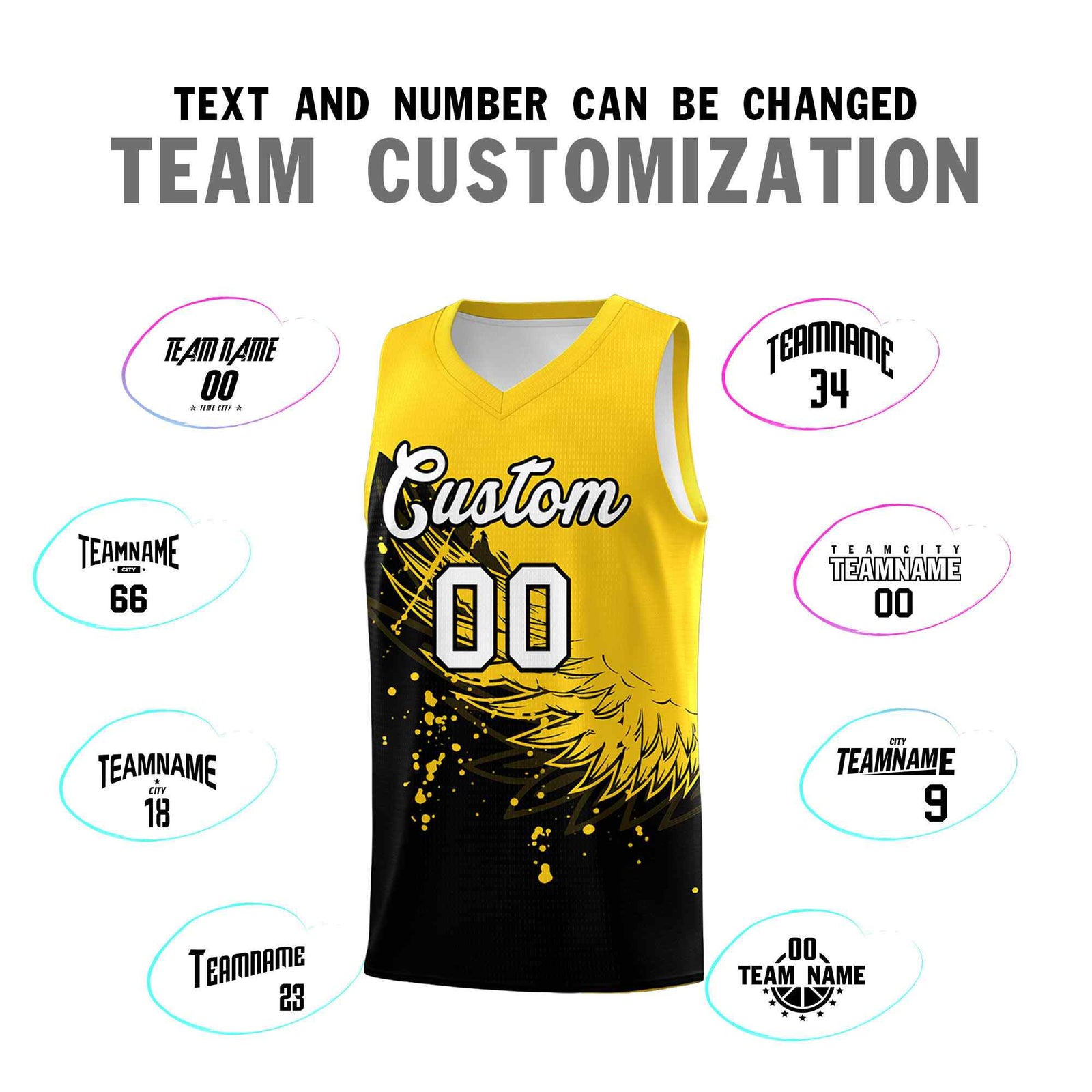 Custom Black Gold Wing Pattern Sports Uniform Basketball Jersey