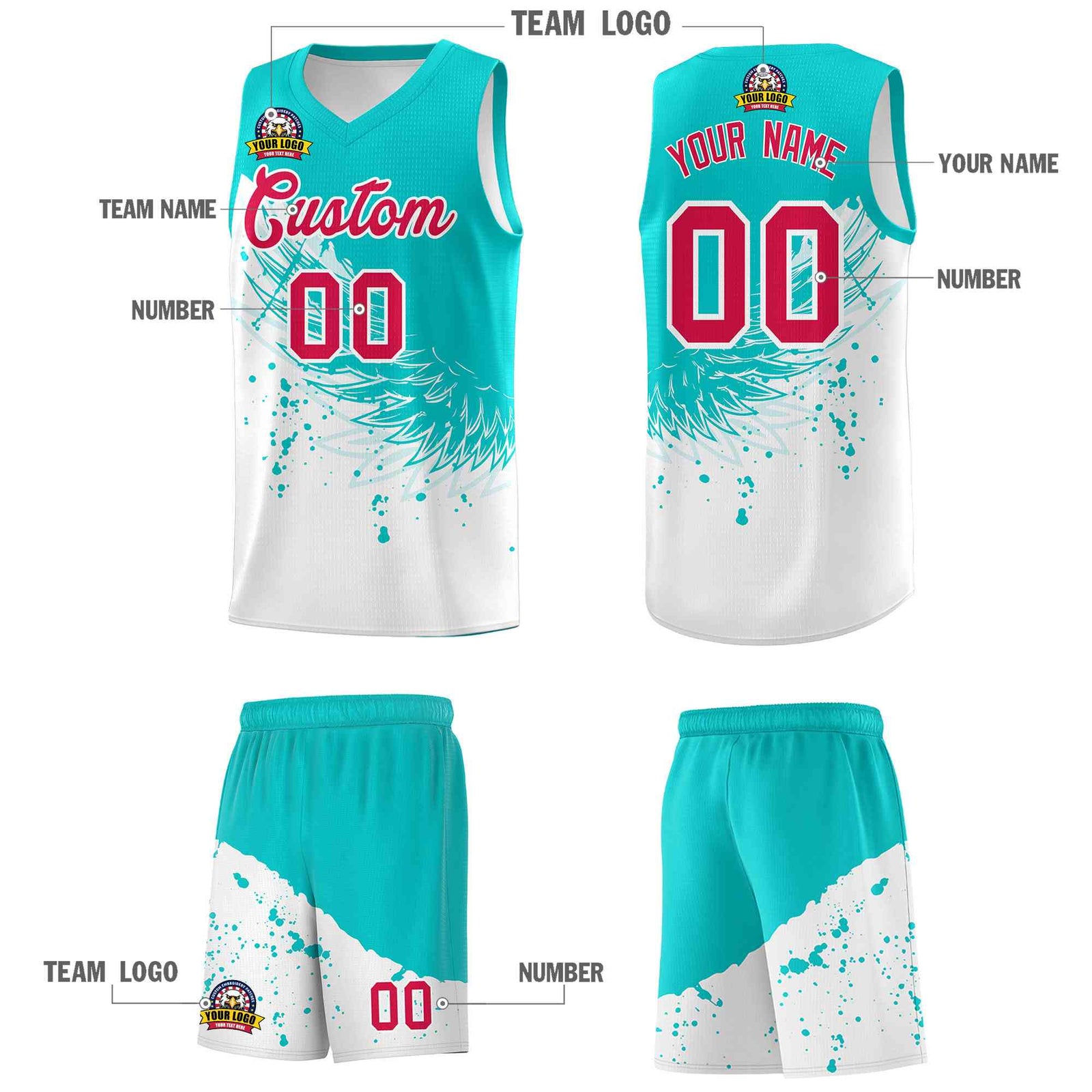 Custom White Aqua Wing Pattern Sports Uniform Basketball Jersey