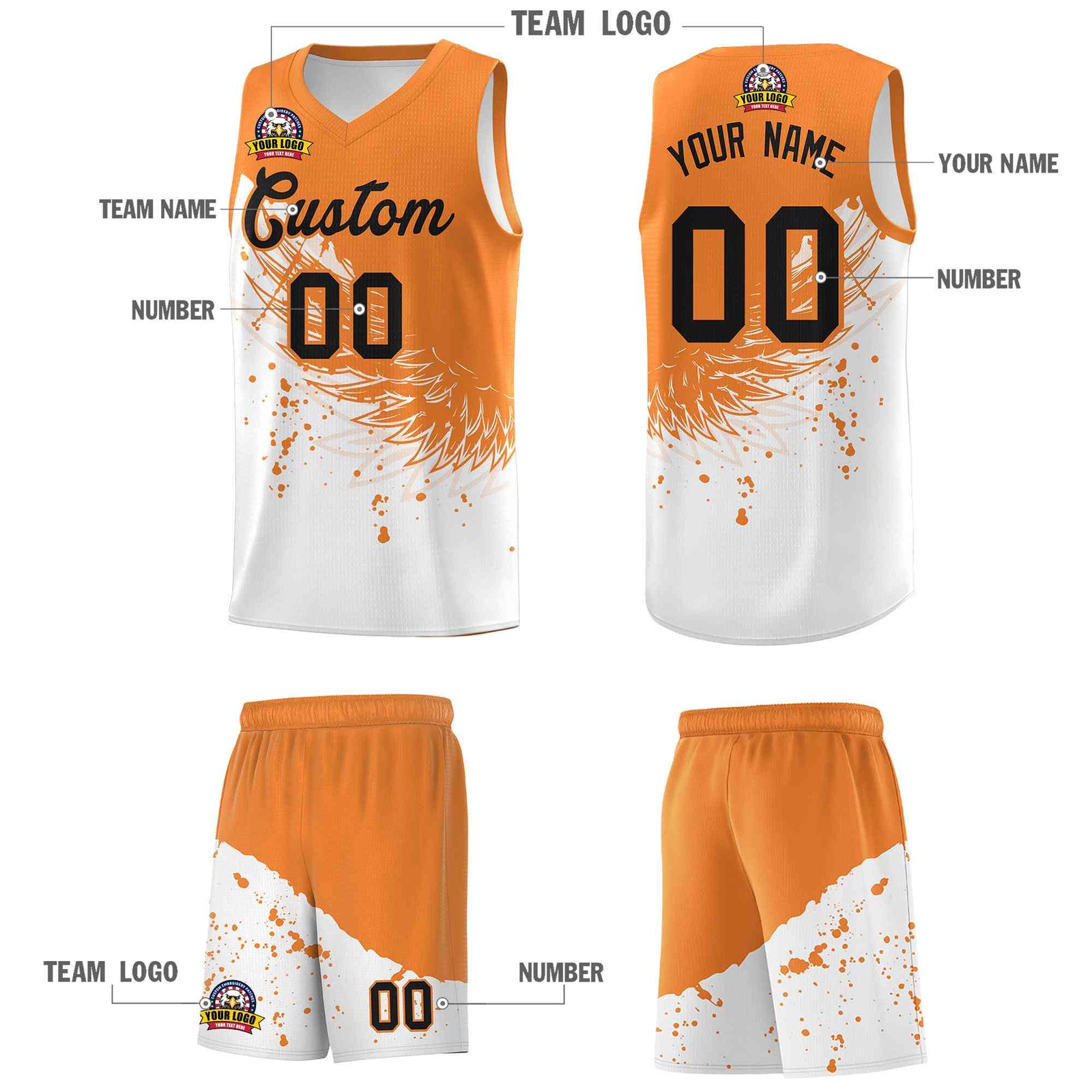 Custom White Gold Orange Wing Pattern Sports Uniform Basketball Jersey
