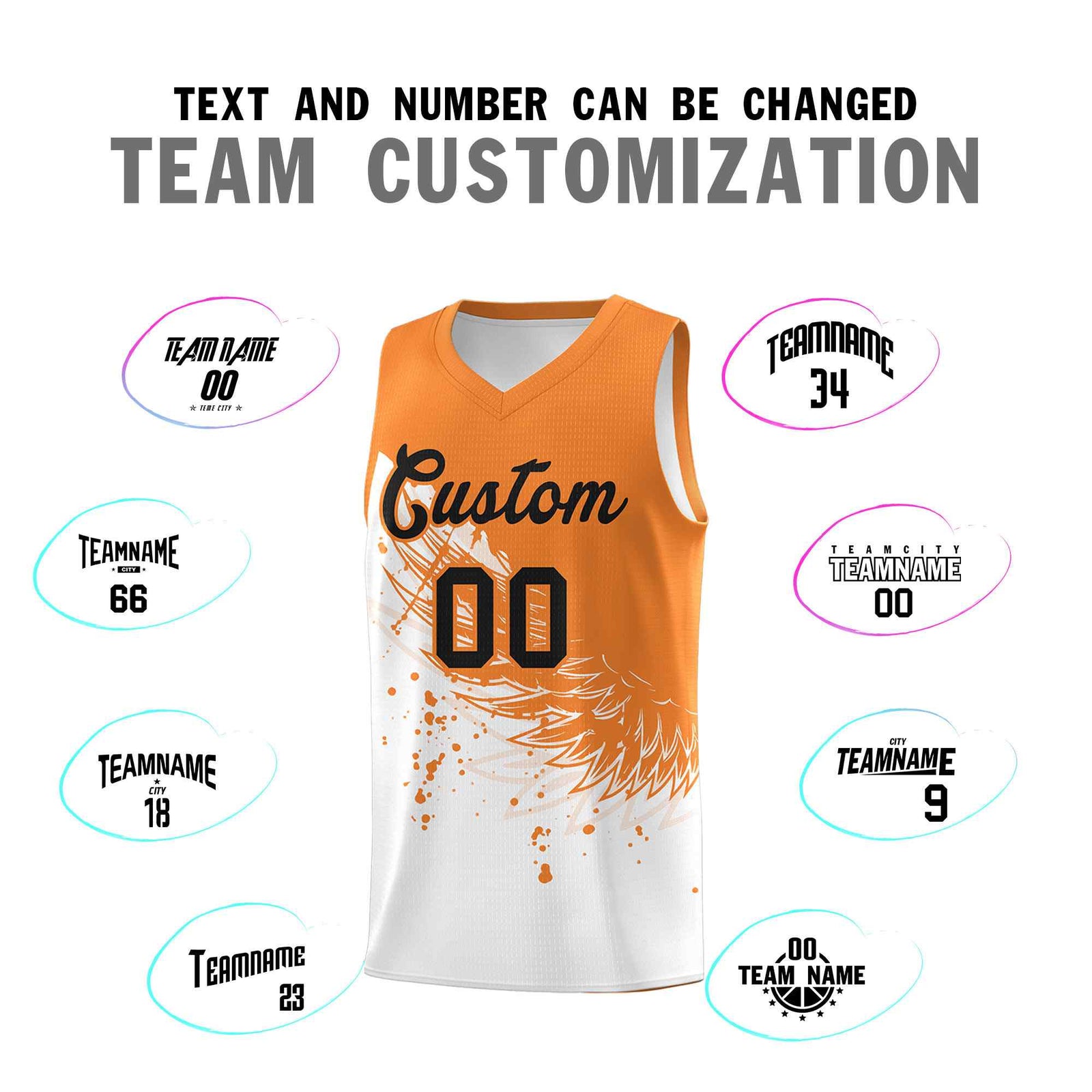 Custom White Gold Orange Wing Pattern Sports Uniform Basketball Jersey