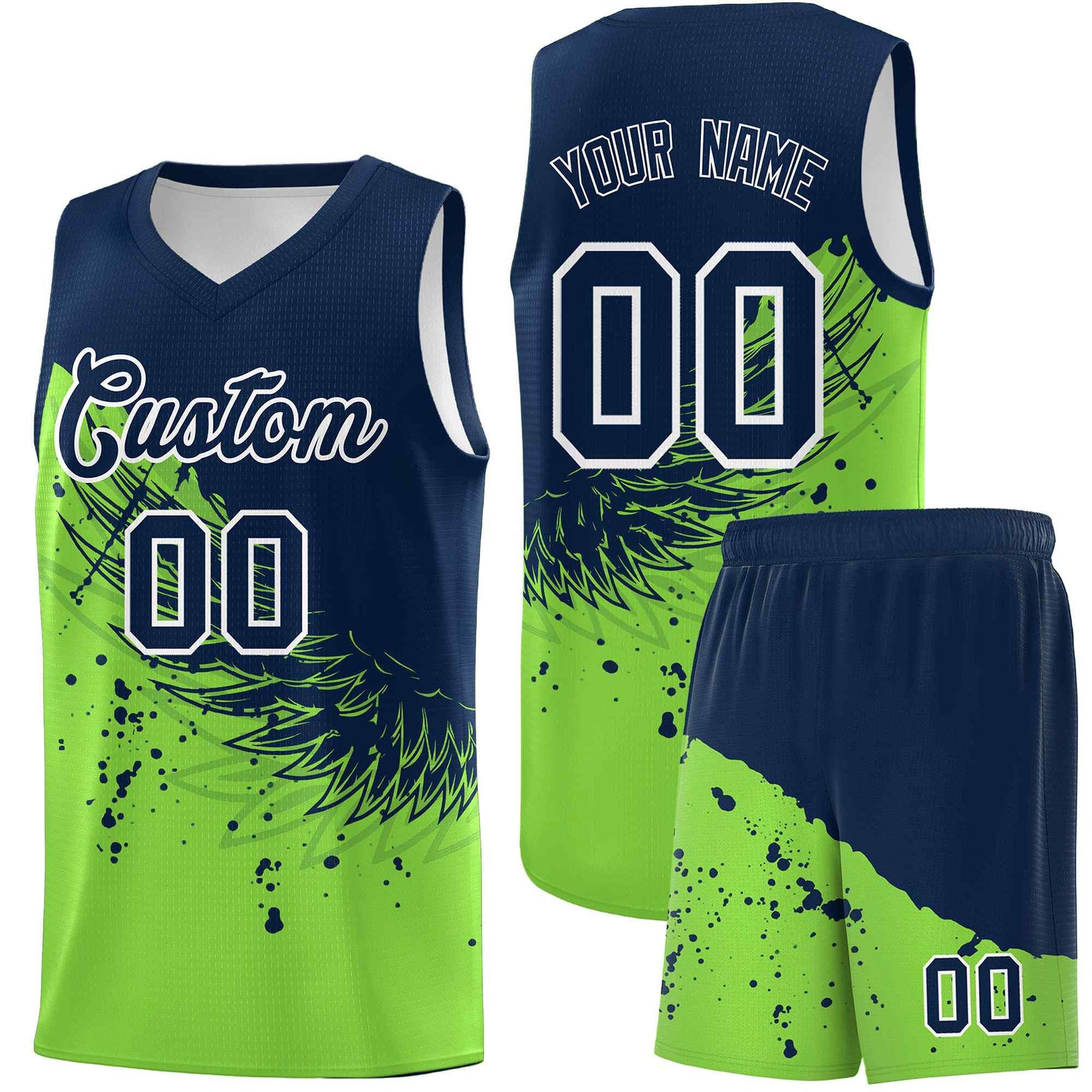 Custom Fluorescent Green Navy Wing Pattern Sports Uniform Basketball Jersey