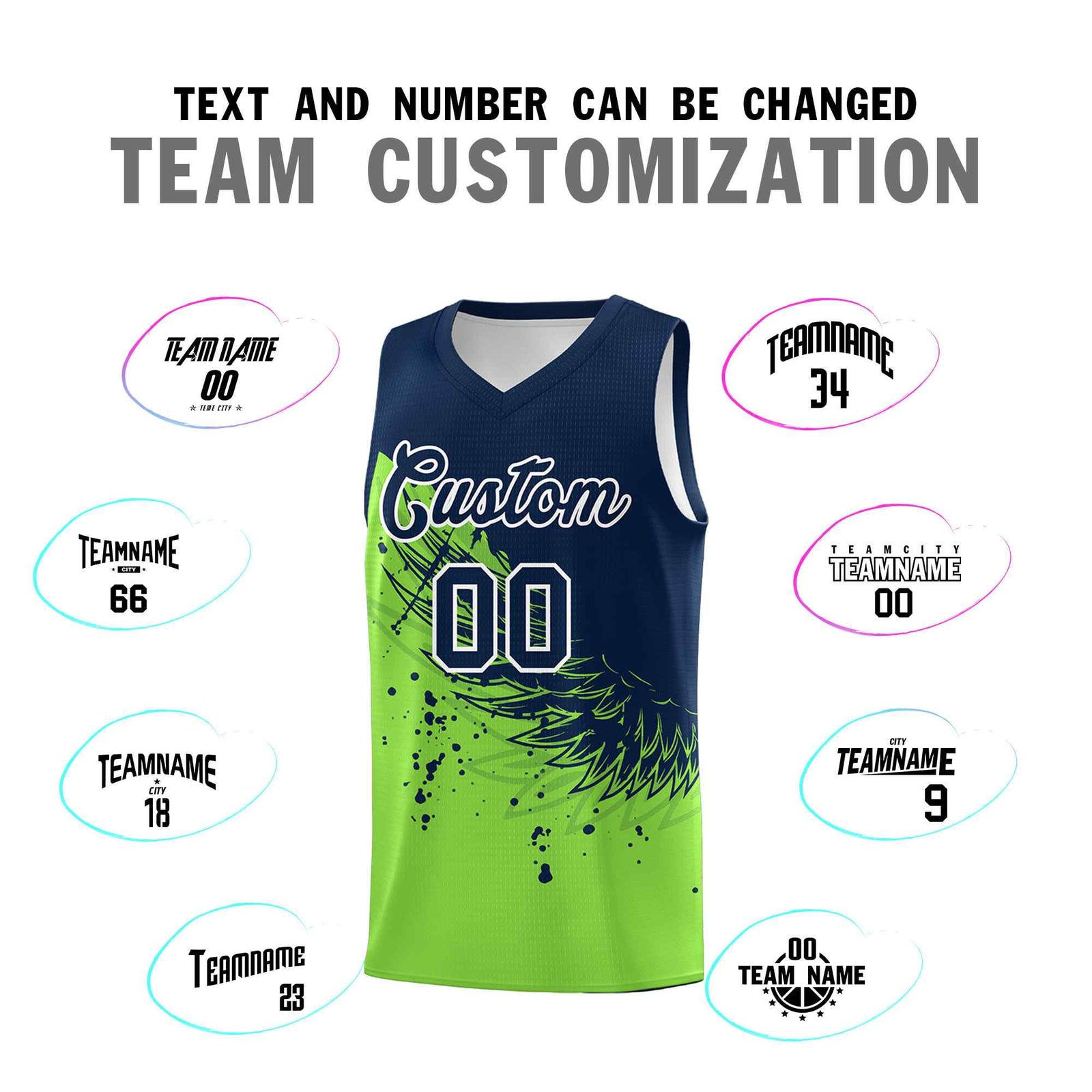 Custom Fluorescent Green Navy Wing Pattern Sports Uniform Basketball Jersey