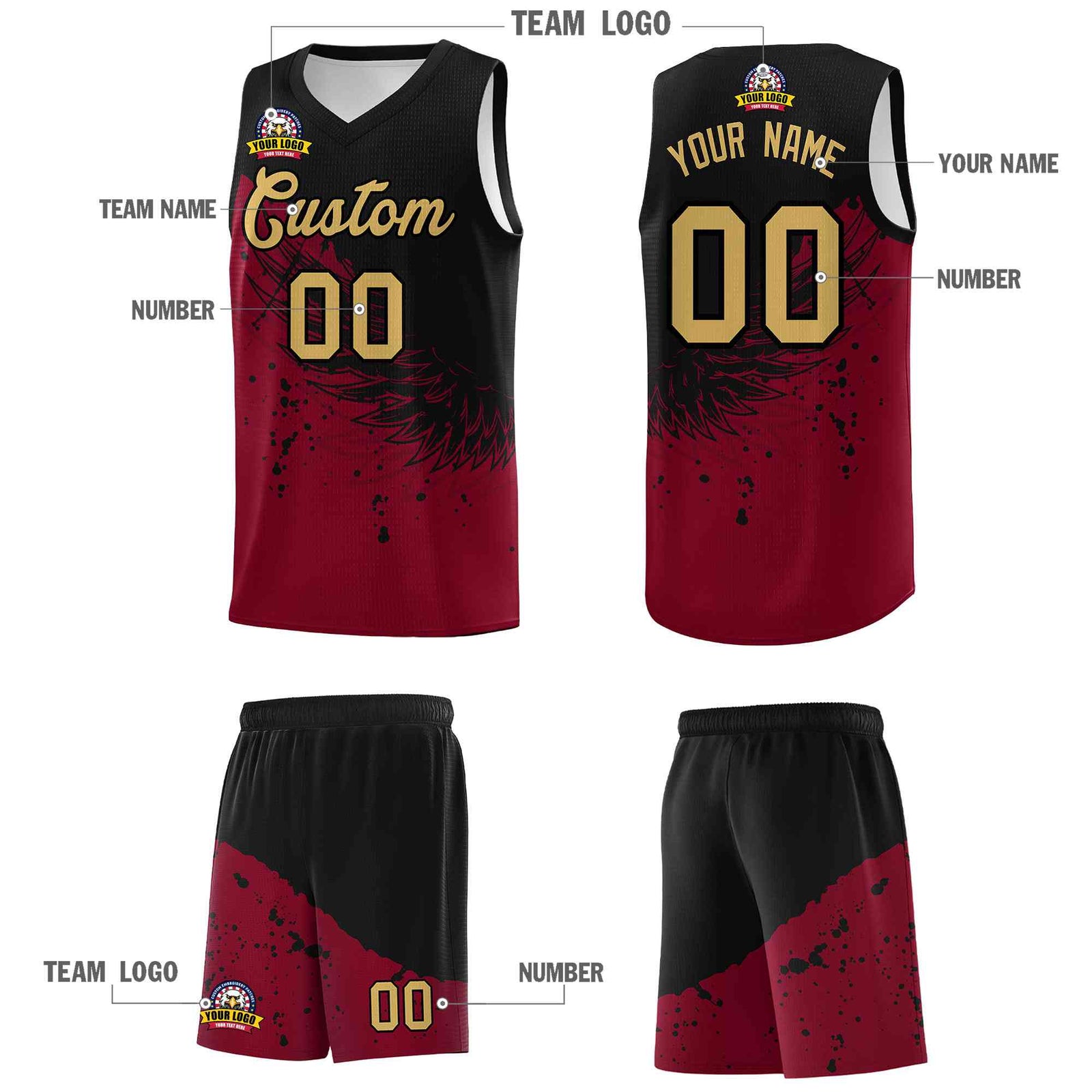 Custom Crimson Black Wing Pattern Sports Uniform Basketball Jersey
