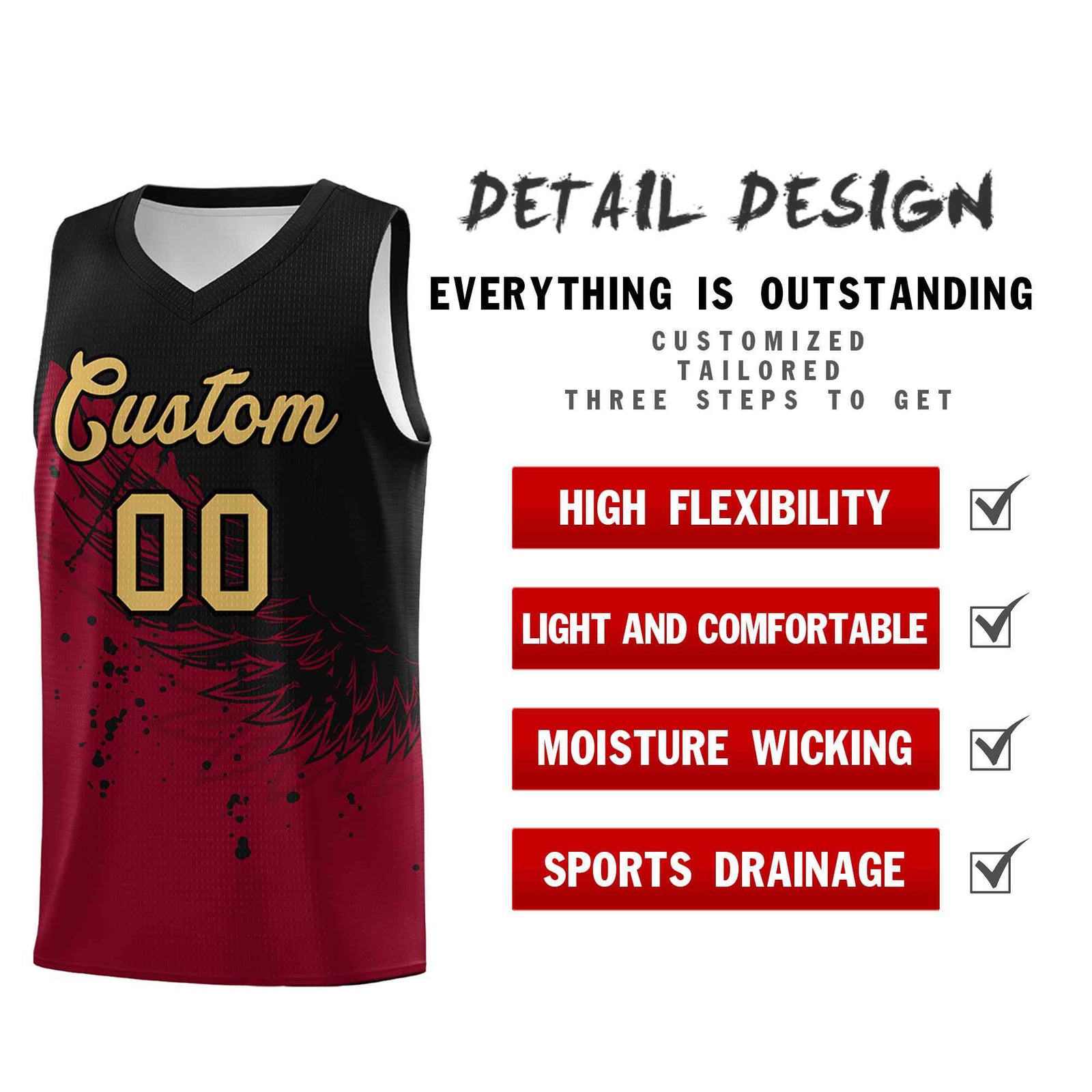 Custom Crimson Black Wing Pattern Sports Uniform Basketball Jersey