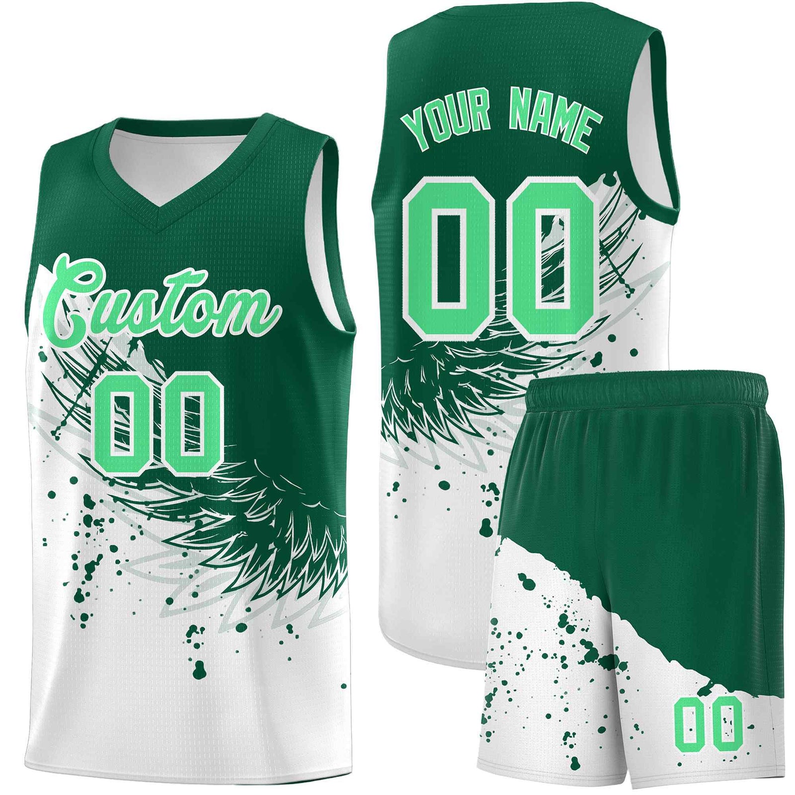 Custom White Kelly Green Wing Pattern Sports Uniform Basketball Jersey