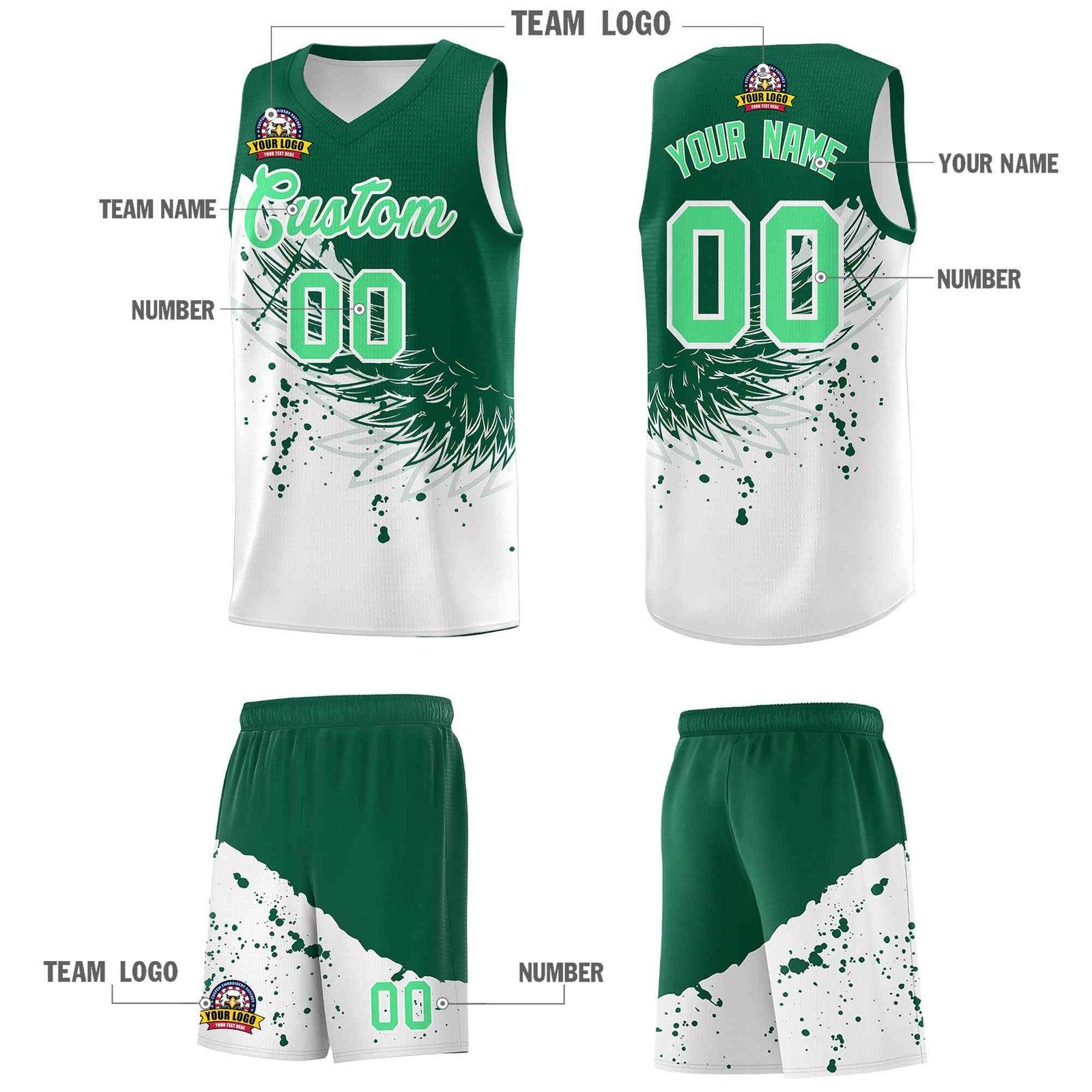 Custom White Kelly Green Wing Pattern Sports Uniform Basketball Jersey