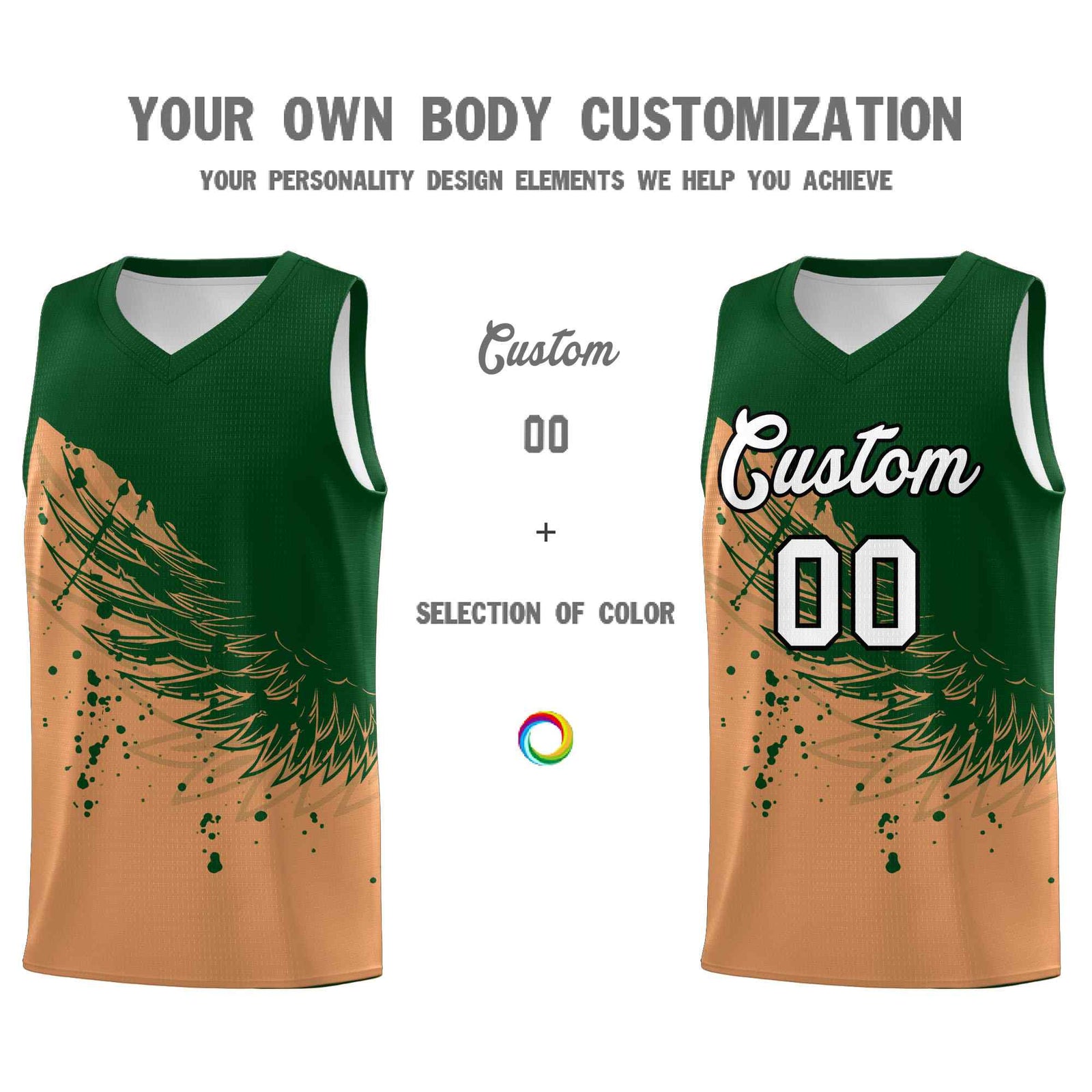 Custom Buckskin Brown Green Wing Pattern Sports Uniform Basketball Jersey