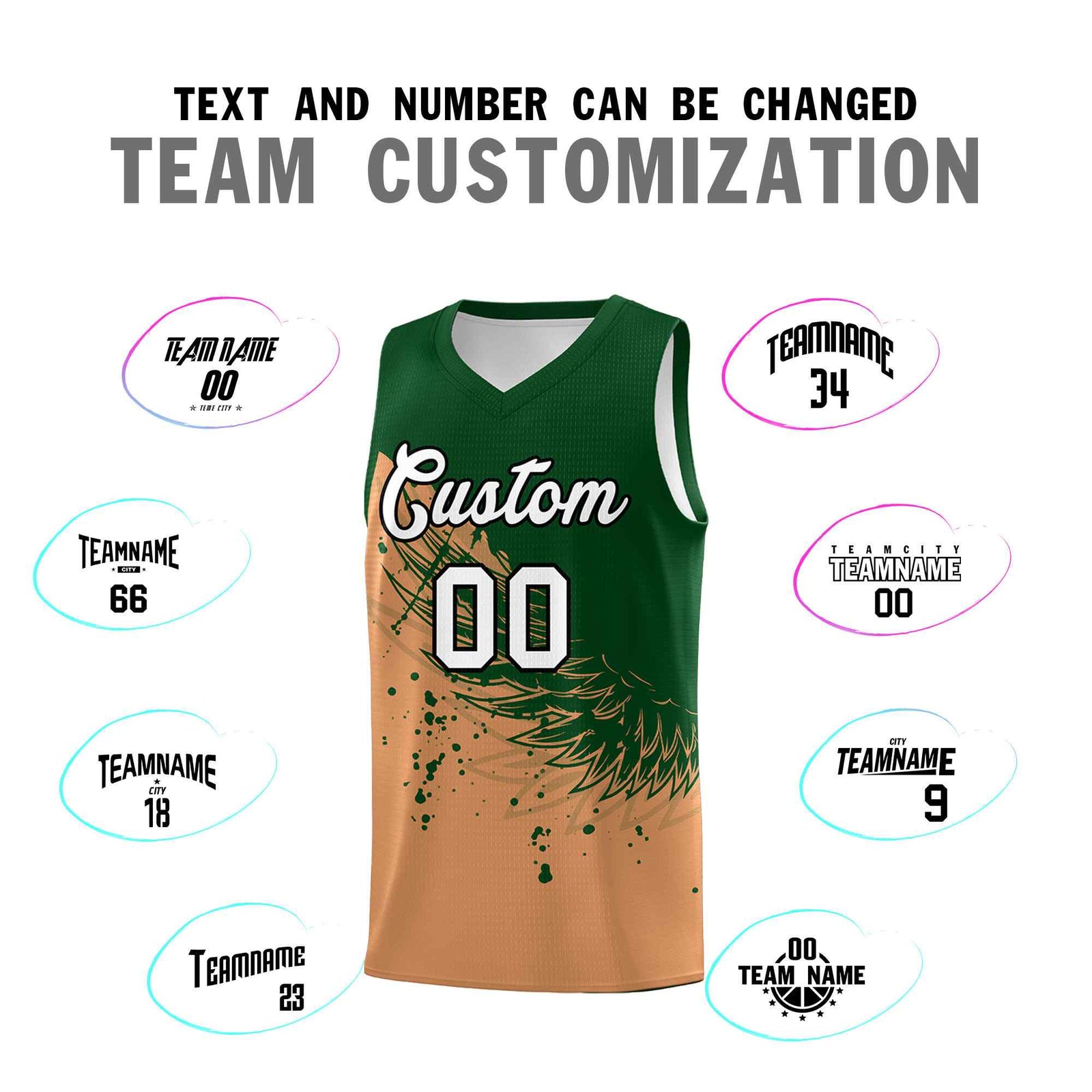 Custom Buckskin Brown Green Wing Pattern Sports Uniform Basketball Jersey