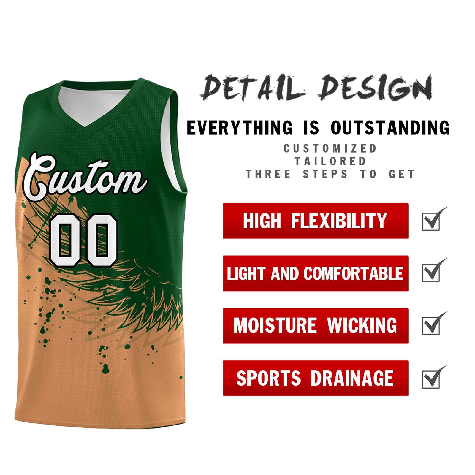 Custom Buckskin Brown Green Wing Pattern Sports Uniform Basketball Jersey