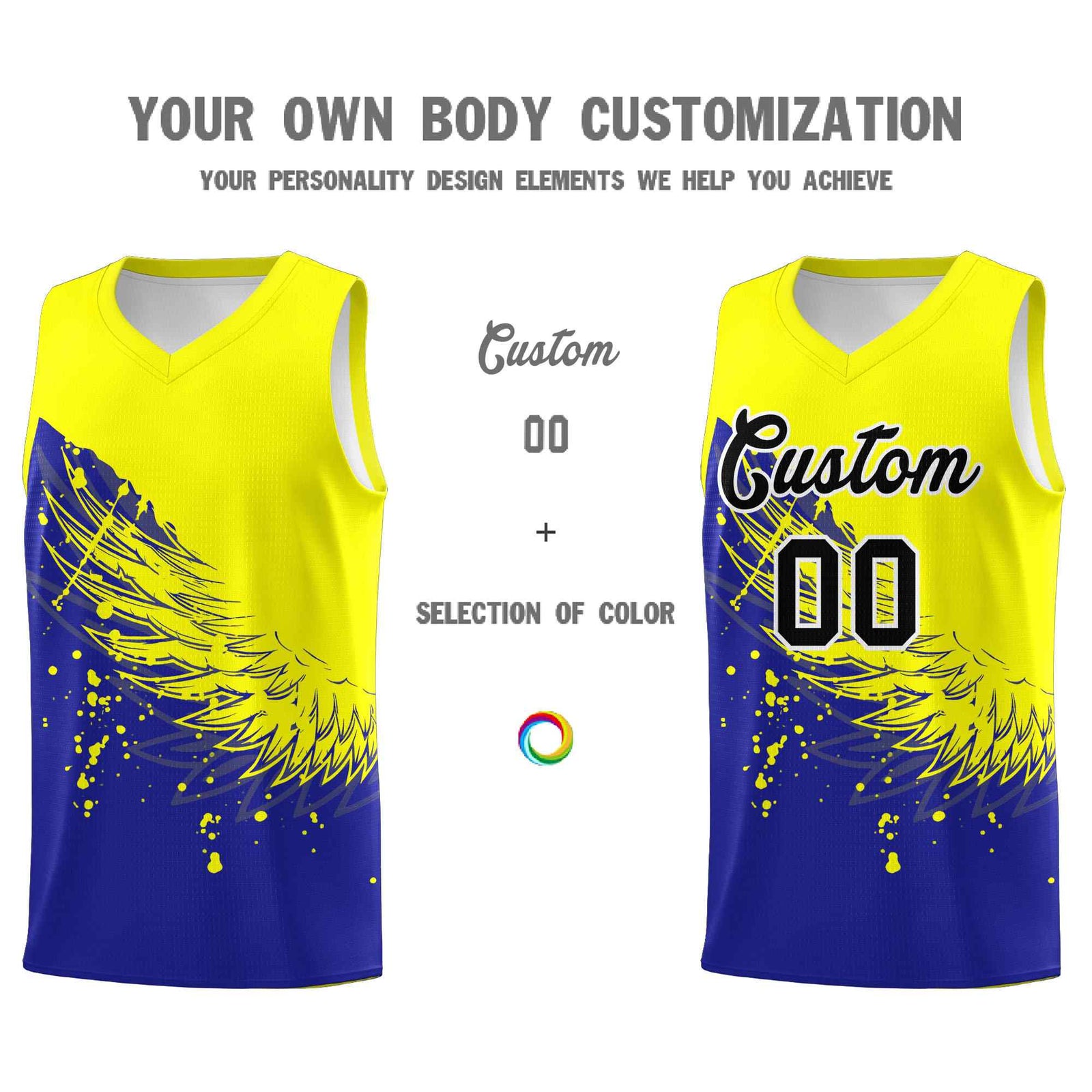 Custom Royal Fluorescent Yellow Wing Pattern Sports Uniform Basketball Jersey