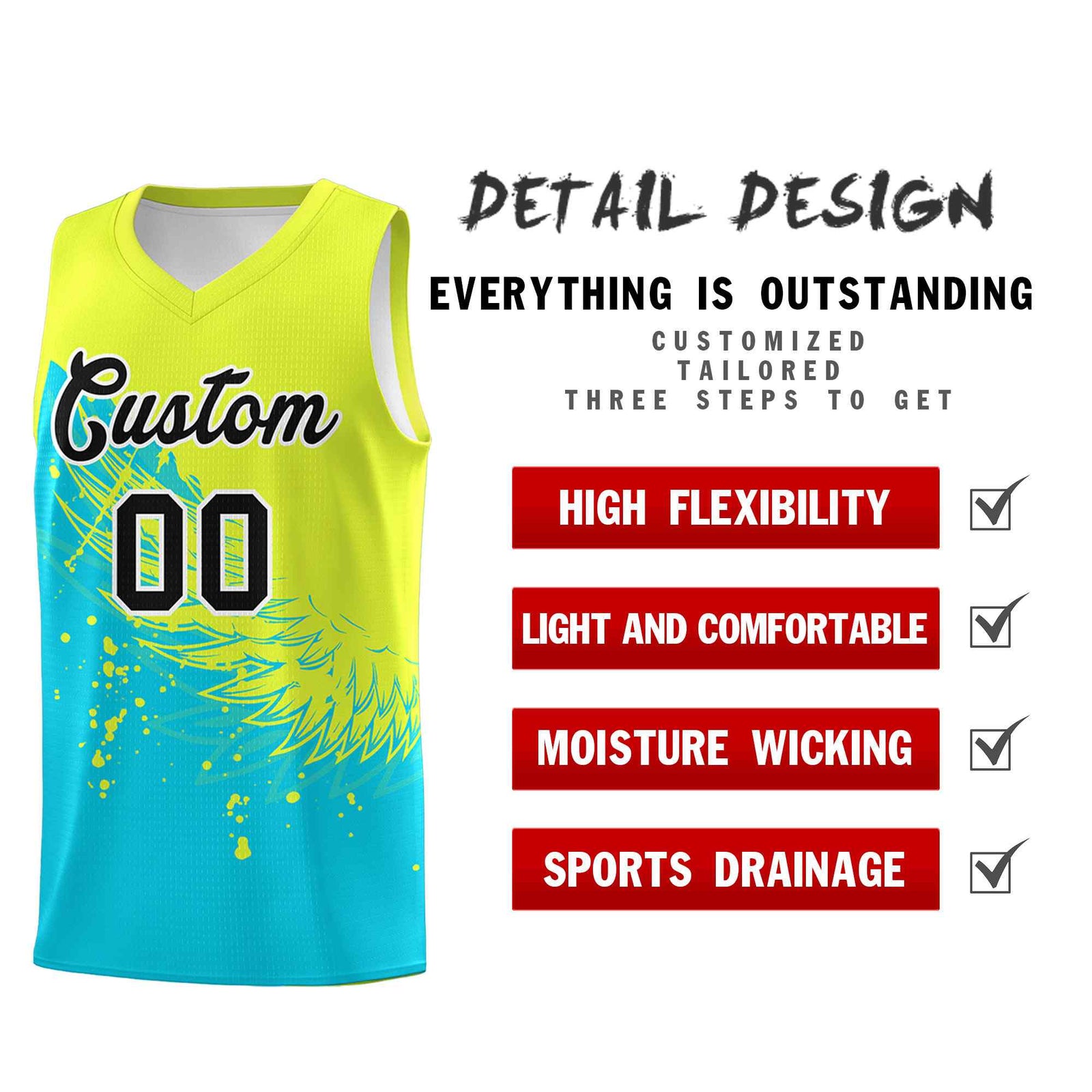 Custom Sky Blue Fluorescent Green Wing Pattern Sports Uniform Basketball Jersey