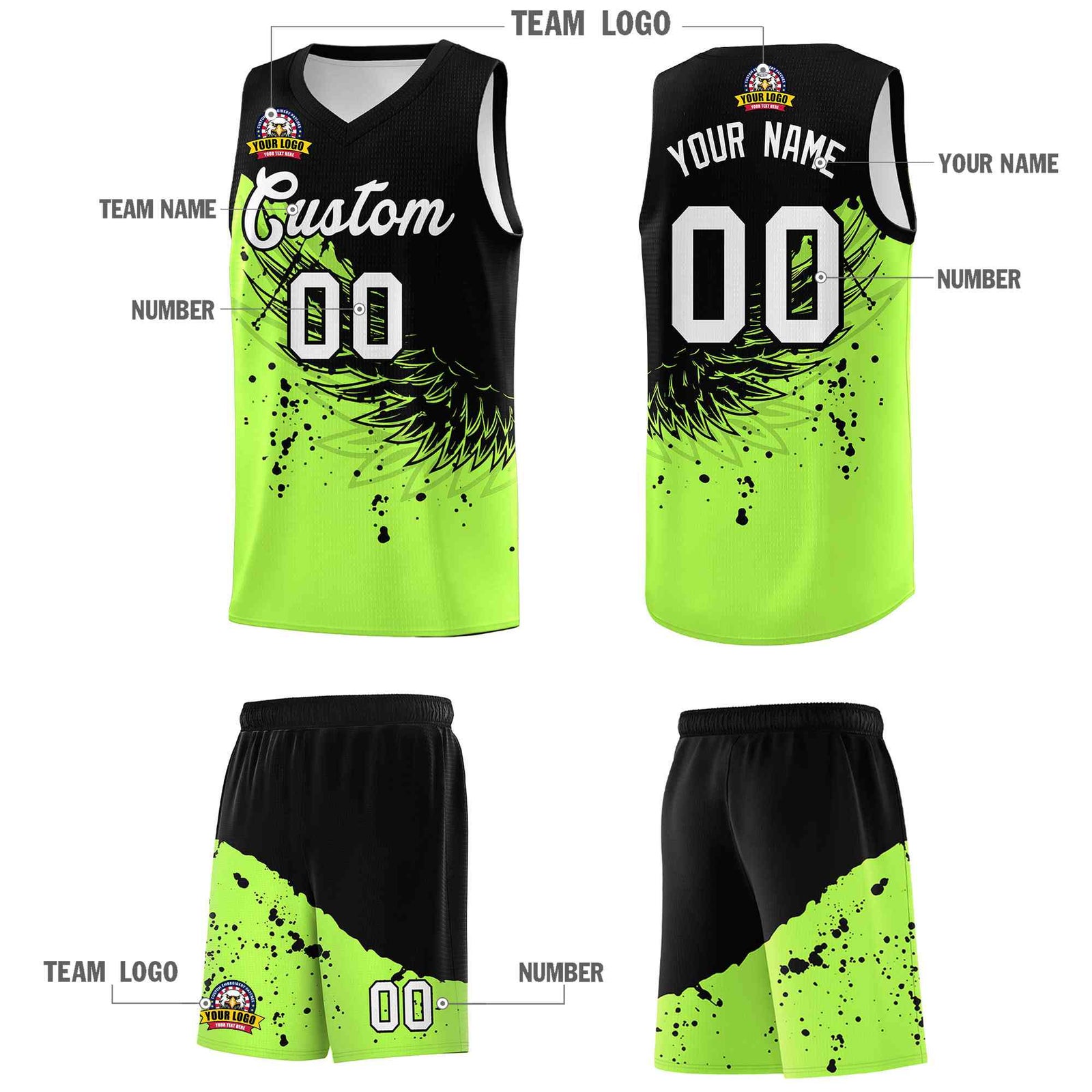 Custom Fluorescent Green Black Wing Pattern Sports Uniform Basketball Jersey