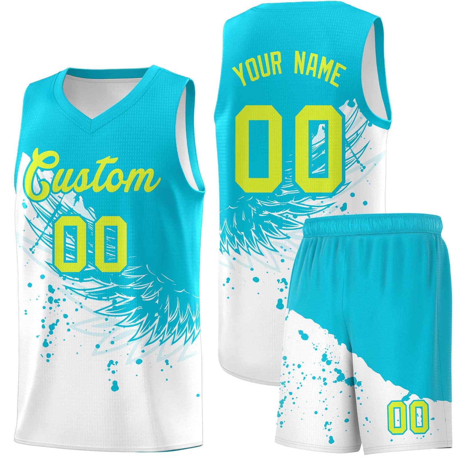 Custom White Sky Blue Wing Pattern Sports Uniform Basketball Jersey