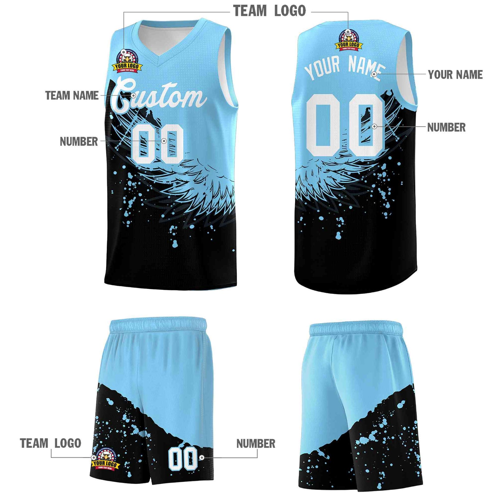 Custom Black Light Blue Wing Pattern Sports Uniform Basketball Jersey