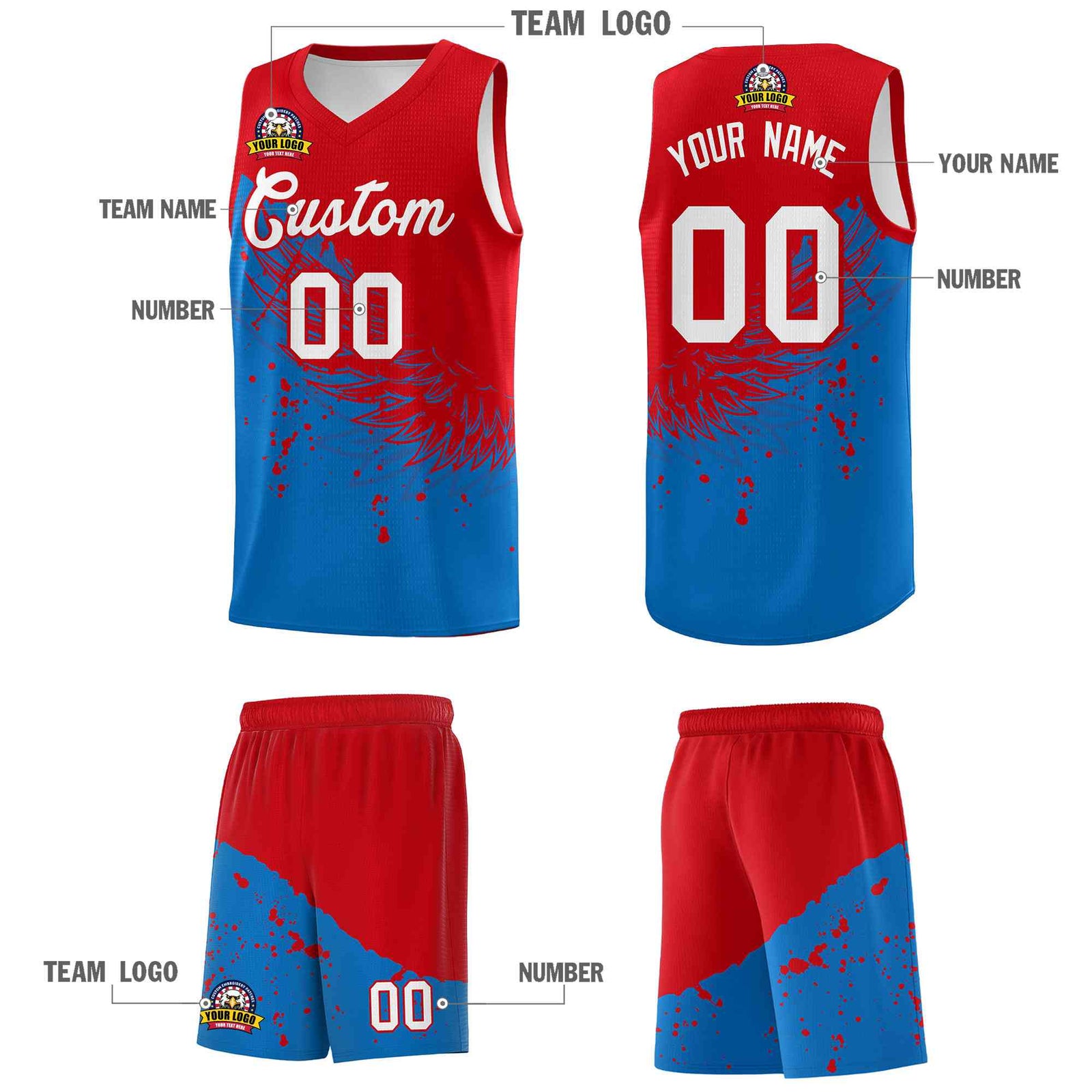 Custom Royal Red Wing Pattern Sports Uniform Basketball Jersey