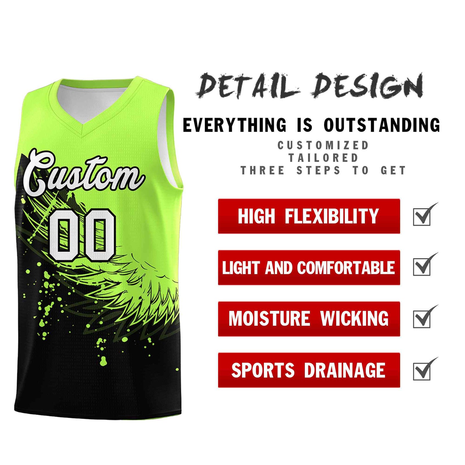 Custom Black Fluorescent Green Wing Pattern Sports Uniform Basketball Jersey