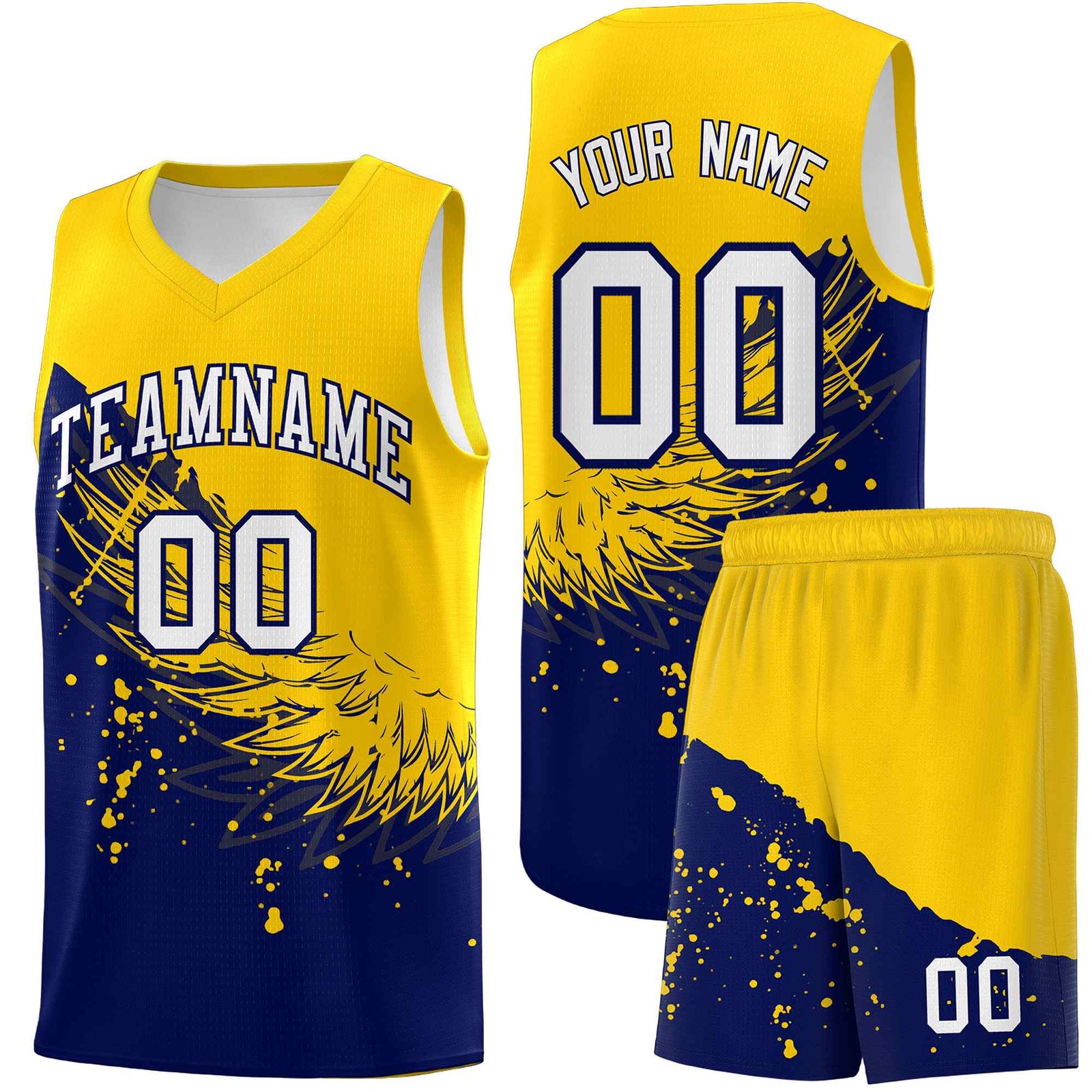 Custom Navy Gold Wing Pattern Sports Uniform Basketball Jersey