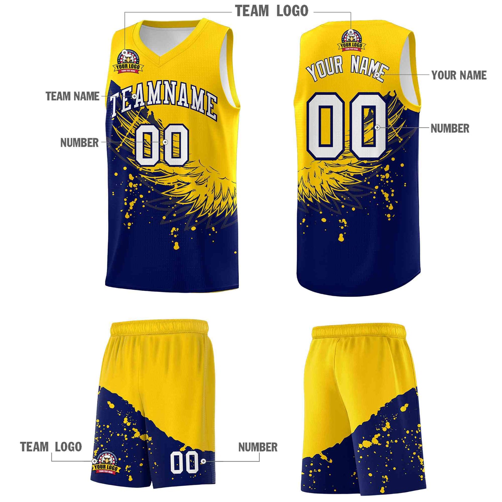 Custom Navy Gold Wing Pattern Sports Uniform Basketball Jersey