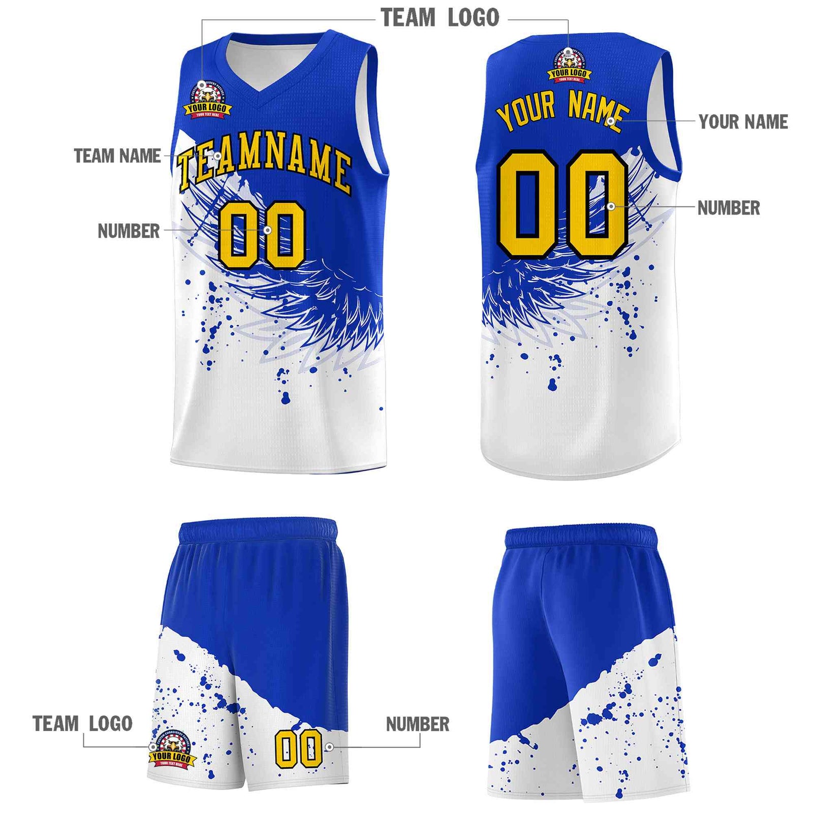 Custom White Royal Wing Pattern Sports Uniform Basketball Jersey