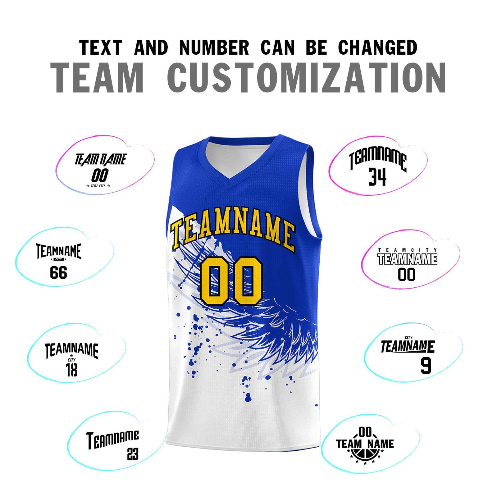 Custom White Royal Wing Pattern Sports Uniform Basketball Jersey